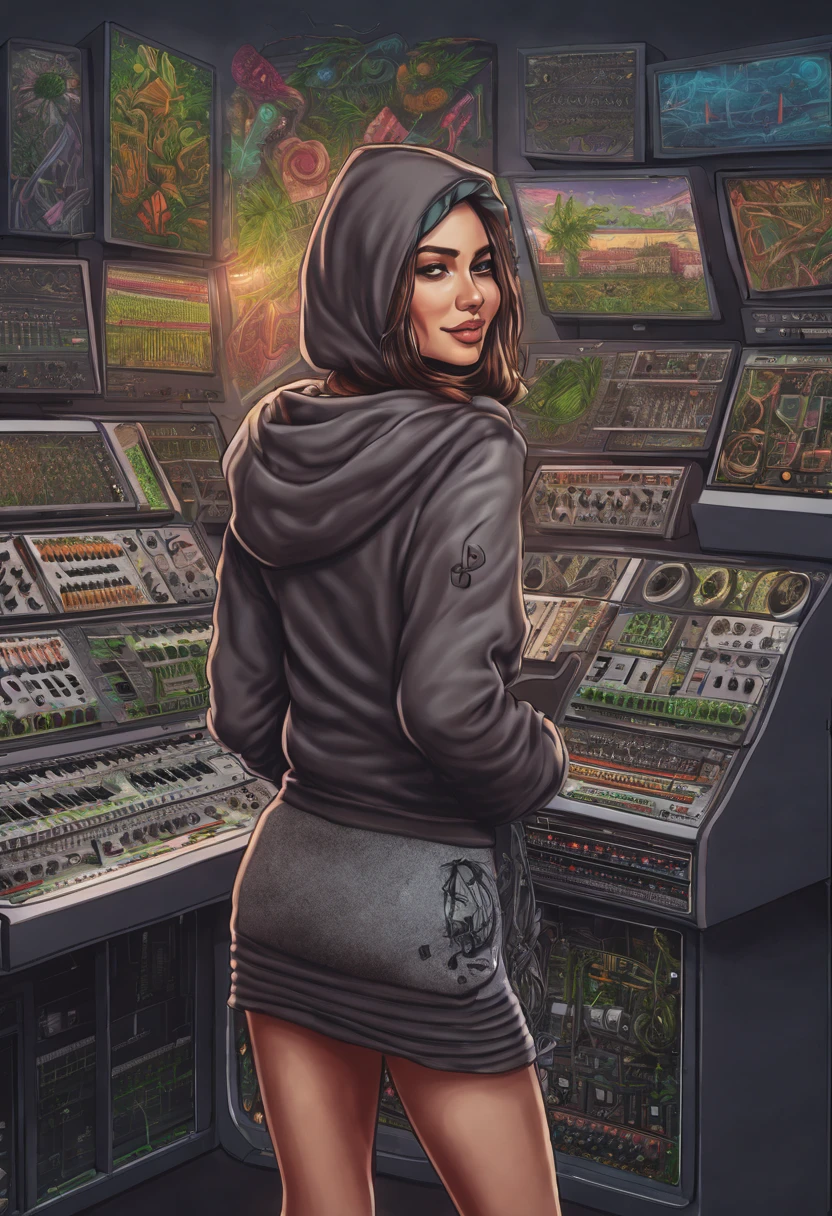 beautiful aroused woman with brunette hair and cannabis beanie and hoodie and pantyhose and skirt and sneakers is fascinated by a modular synthesizer, cartoon-like illustration, highly-detailed, trending on artstation, seductive smile, naughty face, head wreath, fading border, wide shot, from behind, best quality, anatomically correct, masterpiece, super detail, best quality, highres