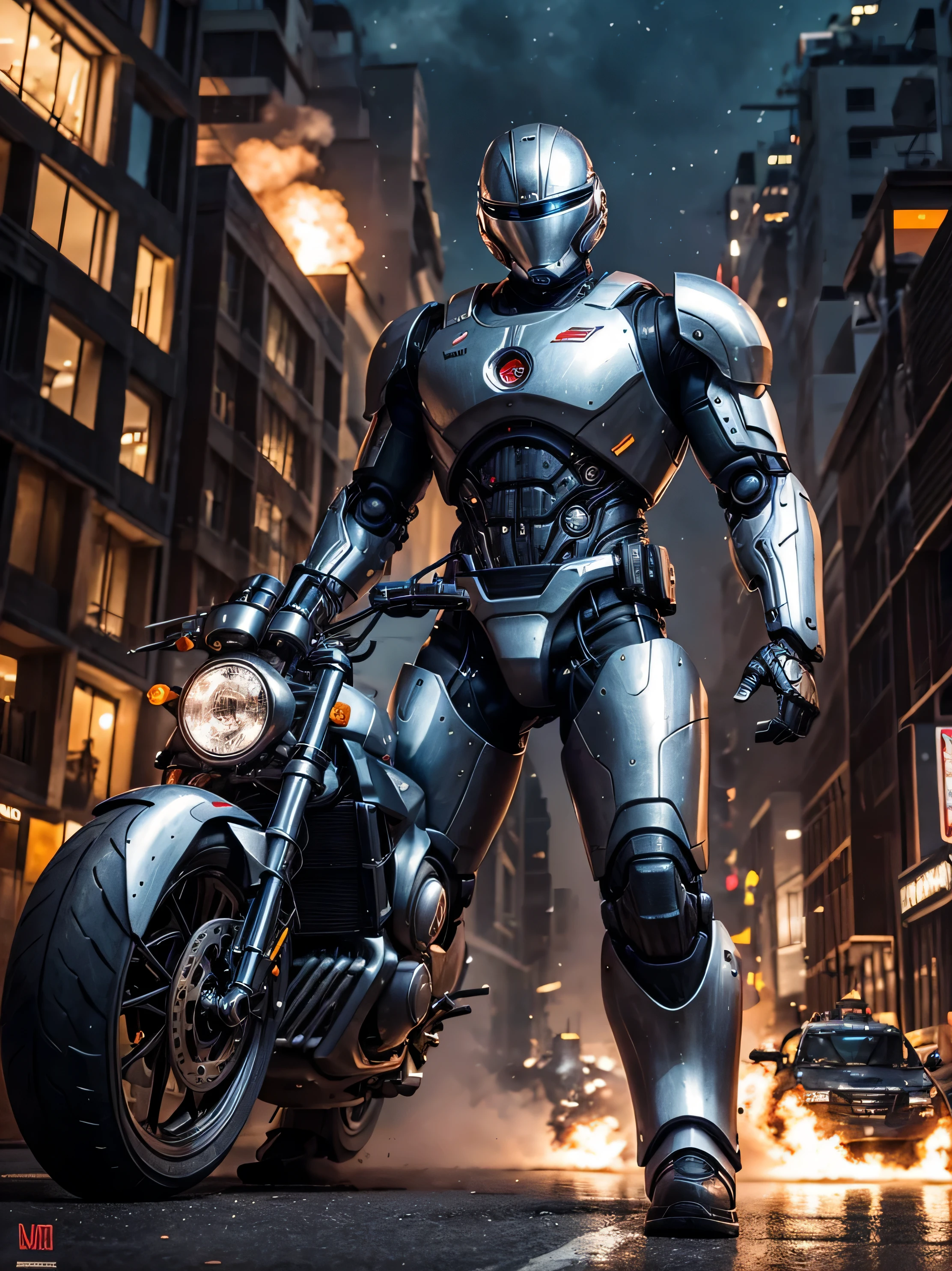 explosions, roupas brancas, capacete completo com viseira , terminador cromado branco como robocop como ciborgue, com arma grande, rebites, an oil painting, rebites, as cores neutras, Paulo Hedley , feliz, action movie poster, belas artes. royo. Vista completa. explosions behind. noite. andando. explosions
