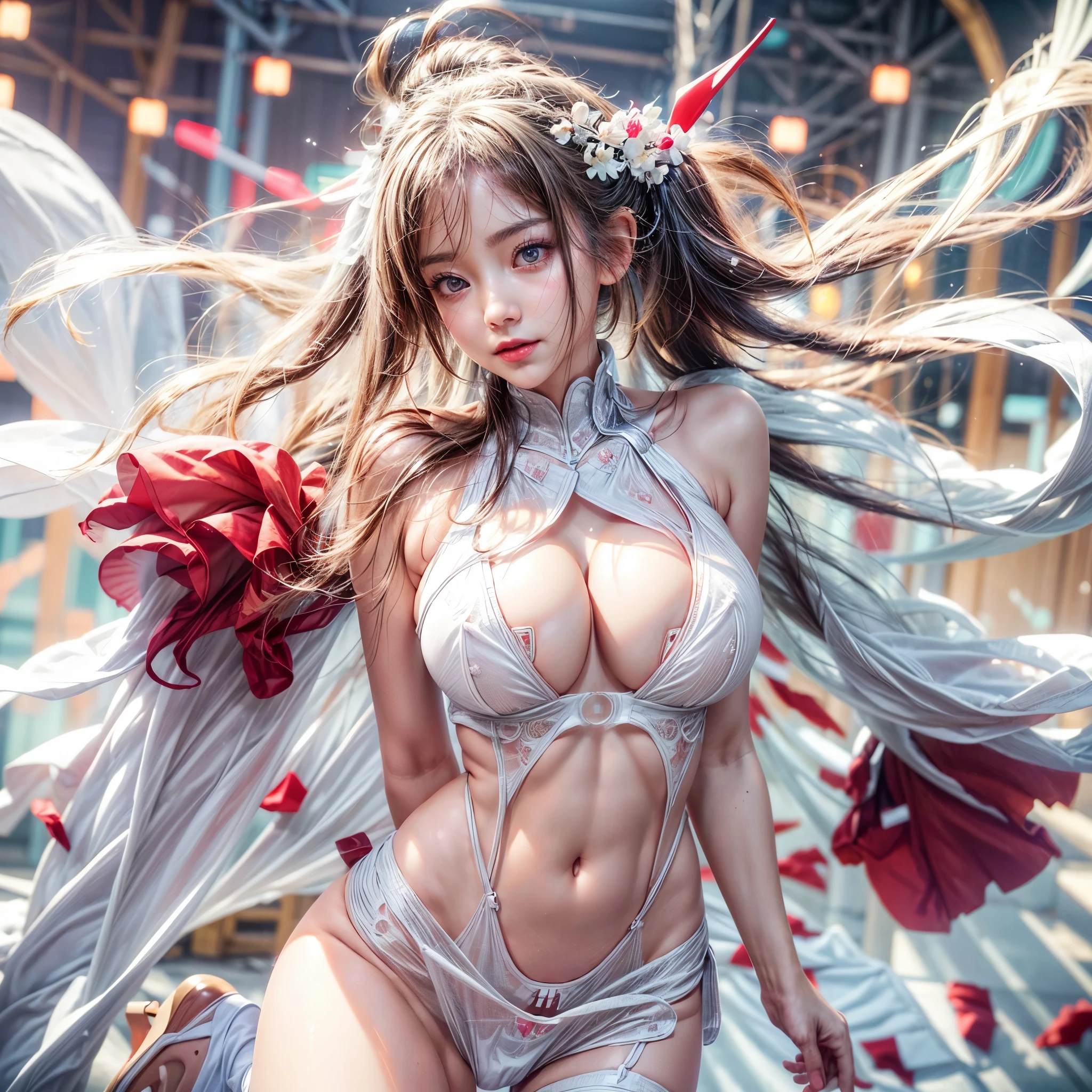 (NSFW:-0.9, nipple:-0.9, Acutance:0.85, White and Red, Mystic sight, ((many Dazzling flush lights with lens flares) and lens Ghost), Luminous Particles, many colorful Lights ) . best quality, (masterpiece:1.3, realistic, photorealistic, ((analog photo:1.37)), ultra detailed:1.3) . (Amazing KAWAII Idols Walking on stage), ((Extremely detailed (KAWAII face variations))) with joyful expressions, { oiled ivory skin | Overflowing Biomechanical HUGE and HEAVY boob | pretty hips | (Exquisitely White dress with back cutouts) | Full of flowers covering girl's body | long hair:-0.6 }, (Visible naked backs with Overflowing sideboob), (Red highheels, Walking on stage, large crowd:1.4) . (((Ass focus, butt crack))), Whole Body proportions and all limbs are anatomically accurate .