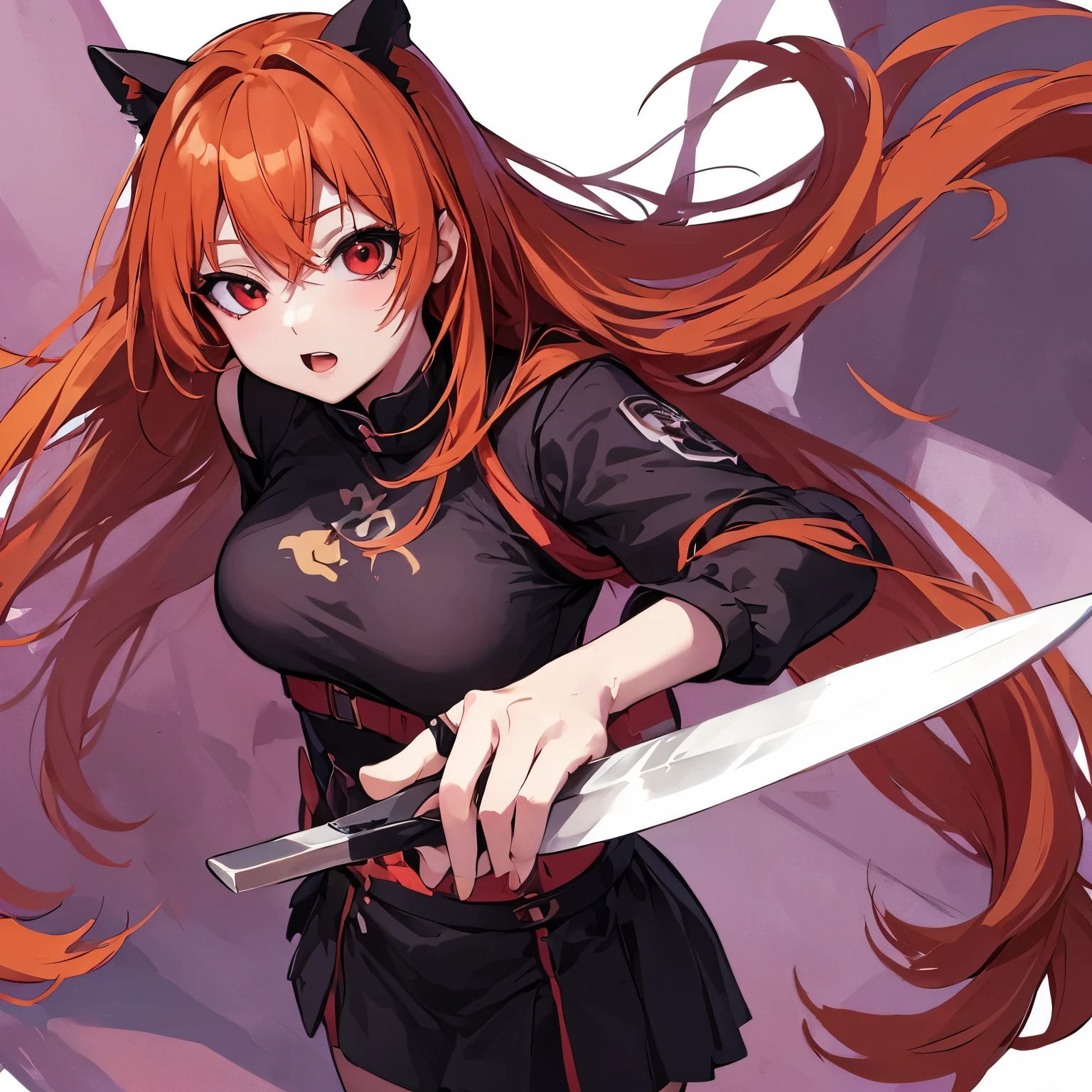 anime with long red hair and black outfit holding a knife, protagonista feminina 👀 :8, com dedo indicador, estilo anime 4k, arte zerochan, inspirado em Li Shida, Menina wearing a black dress, seductive Menina animele action Menina anime, pers feminina de anime, zerochan, anime moe artstyle, (Menina anime), anime fod