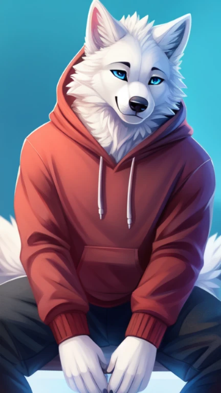 arafed image of a white samoyed dog with blue eyes and a hoodie, anthro art, an anthro wolf, fursona art, commission for high res, furry art!!!, fursona furry art commission, furry fursona, very very beautiful furry art, furry wolf, anthro portrait, fursona commission, furry art, in a hoodie, sitting, full body view!!!!, cute