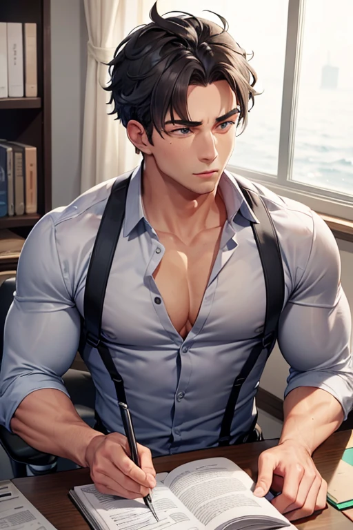 A muscular navy haired man with gray eyes is working at a desk