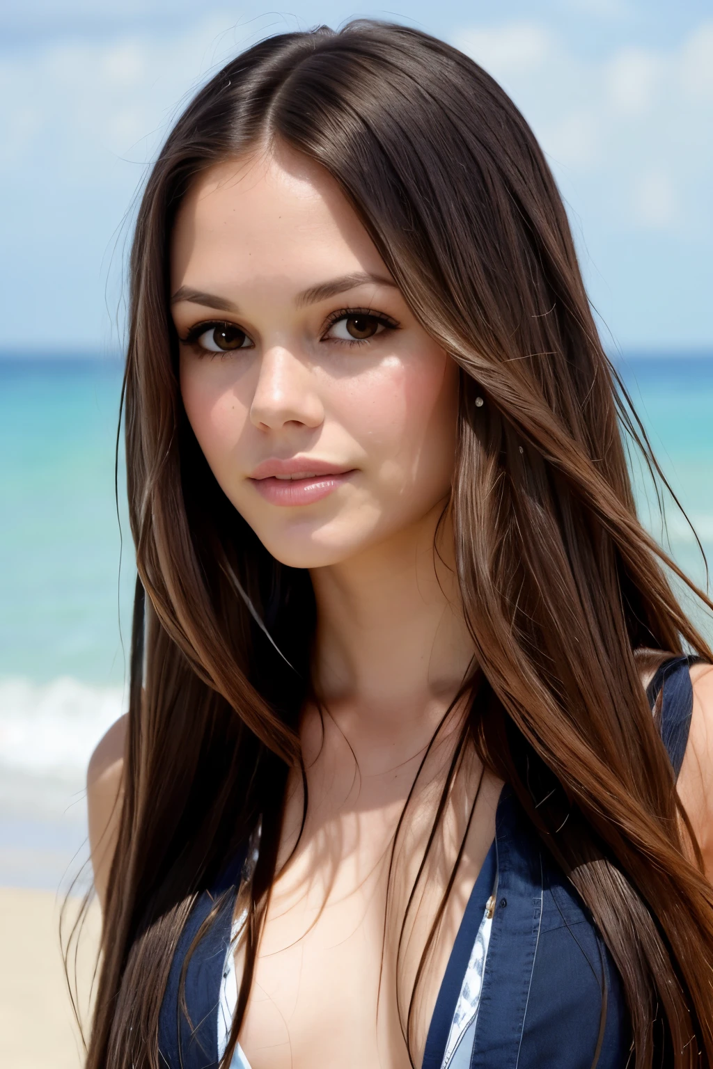 masterpiece, best quality, ultra high res, (photorealistic:1.4), RachelBilson, (long straight hair:1.2), (looking into camera:1.2), (gently brush hair from face:1.2), shiny skin,on the beach