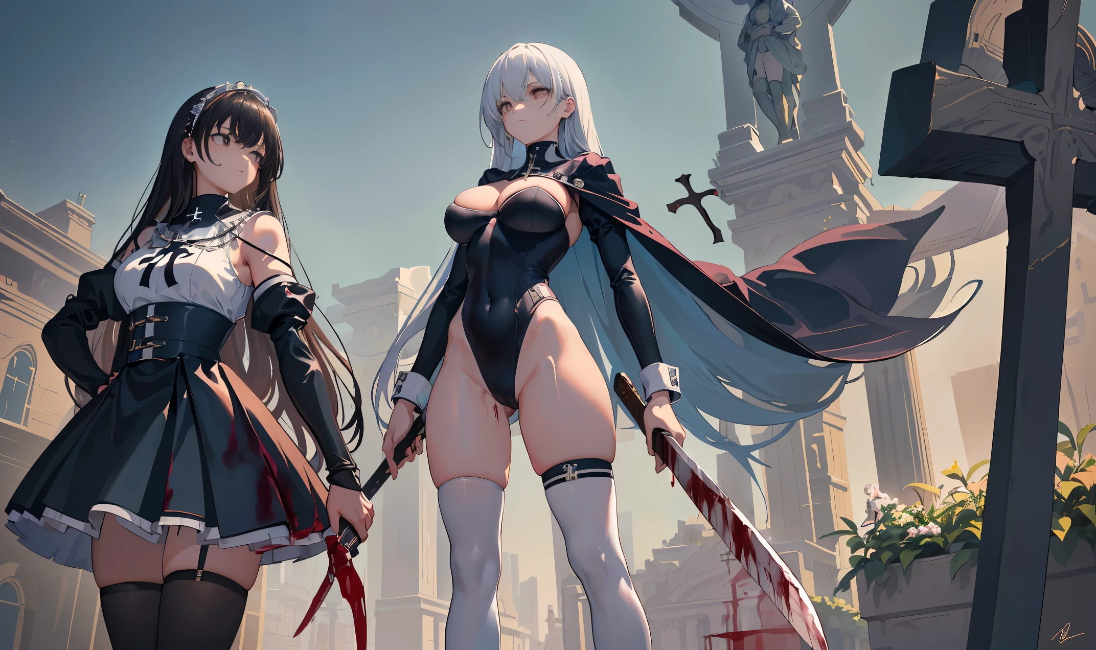 masterpiece of,(perfect anatomy:1.4), best quality, expensive_solve, small details, expensively detailed and beautiful, clear_image, (two girls), ,(huge breasts), (Breasts out),((Black Thigh Socks))、((sacred place))、(standing in centre)、(sister)、(((blood born)))、(Giant cross)、((With a machete))、((Judas Iscariot))