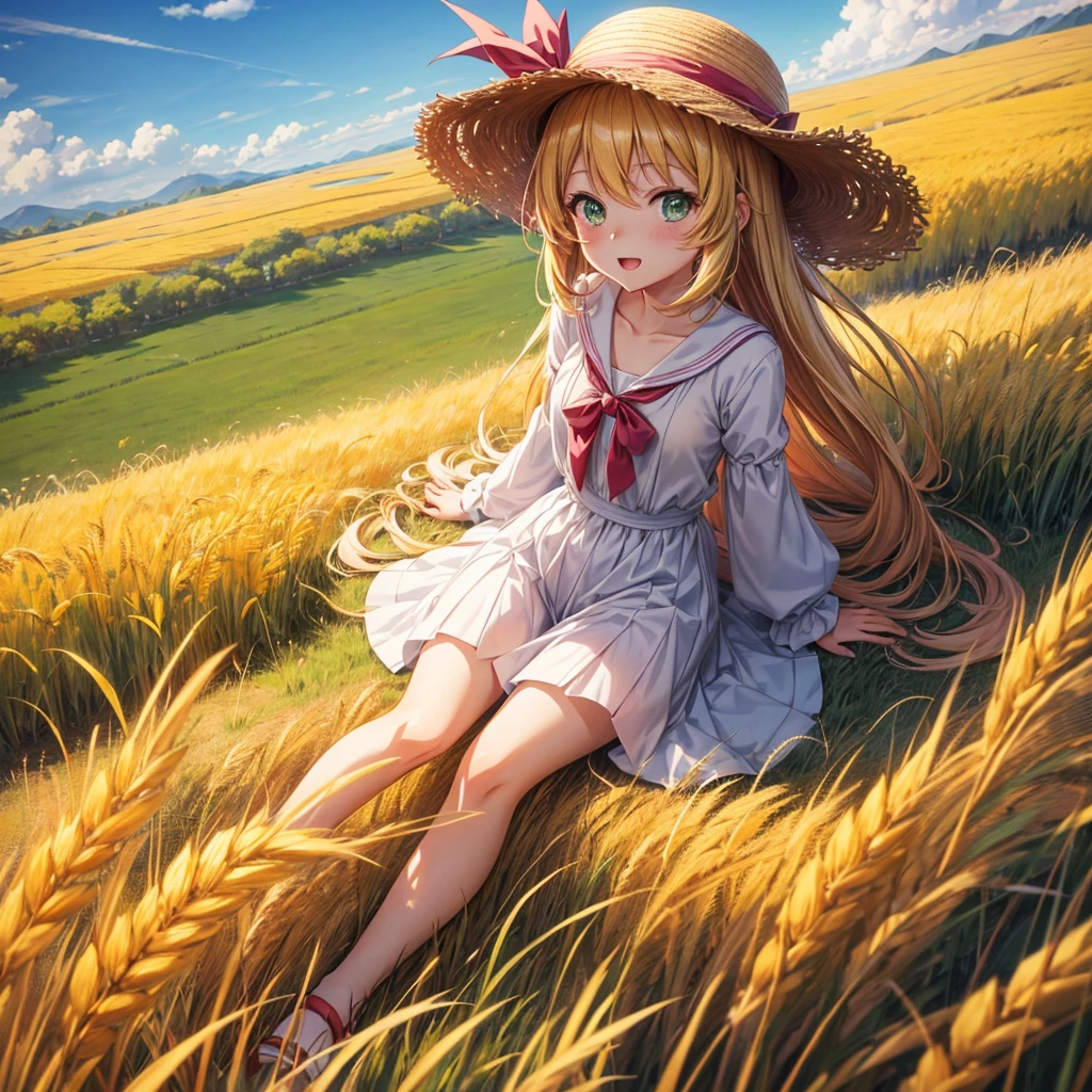 anime loli girl wearing straw hat with golden hair and green eyes in the wheat field, anime style 4 k, 4k anime wallpaper, clean detailed anime art, anime art wallpaper 4k, anime art wallpaper 4 k, anime wallpaper 4k, anime wallpaper 4 k, 4 k manga wallpaper, beautiful anime portrait, anime style. 8k, anime visual of a cute loli girl.anime visual of a cute loli girl