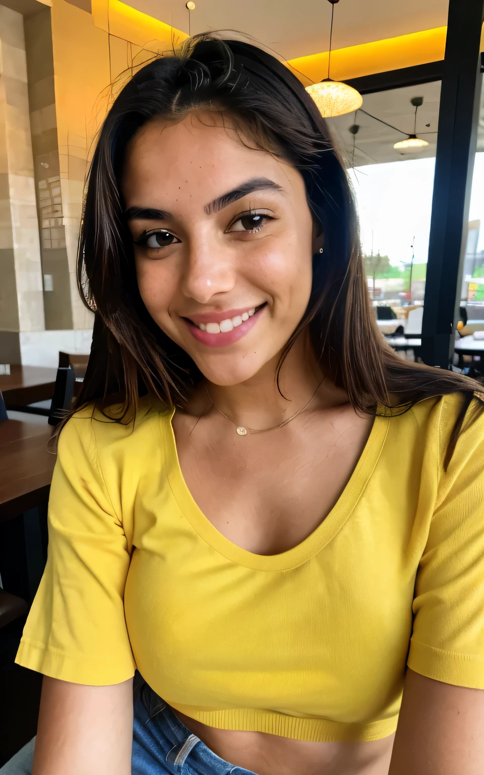 photorealistic, sharp focus, raw photo, photo, beautiful 20 y.o latina-spanish girl, , detailed skin poreace texture, pores, (goosebumbs:0.7), photorealistic, beautiful 20 y.o latina-spanish girl, in restaurant selfie, wearing yellow shirt, smiling towards the camera, nice body, looking at camera, angle taken from right hand on an iphone 14 camera, messy hair