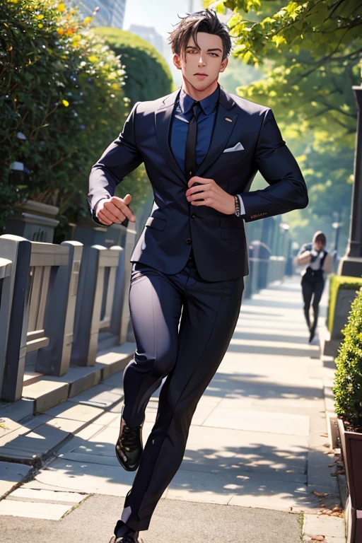 A muscular navy haired man with gray eyes is running through the park in a suit