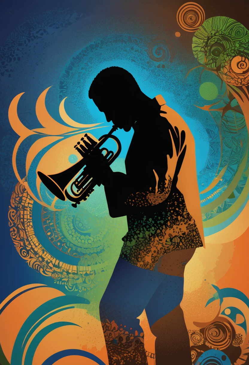 (best quality,highres:1.2),silhouette of a jazz trumpeter,colorful background,blue,orange,green,blurred,zentangle style,black,brown, 3d render,