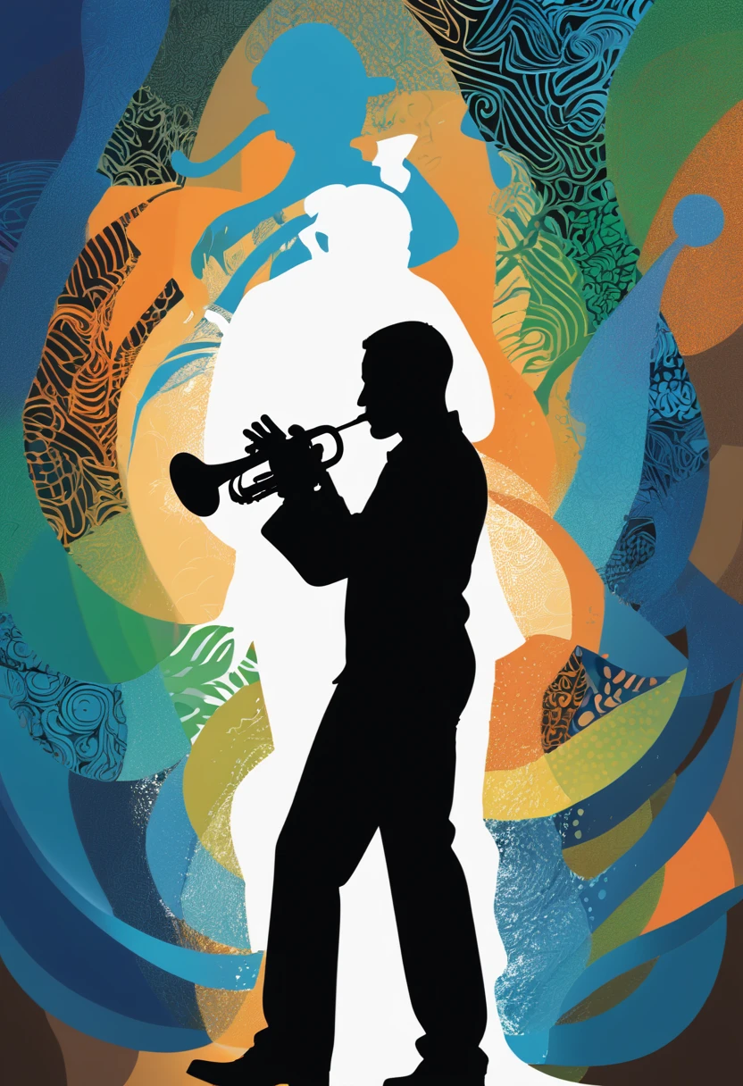 (best quality,highres:1.2),silhouette of a jazz trumpeter,colorful background,blue,orange,green,blurred,zentangle style,black,brown