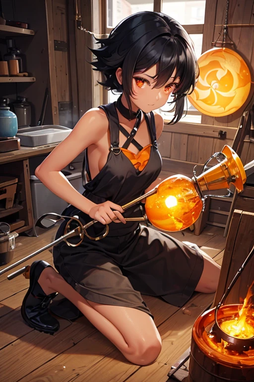 A petite black haired woman with orange eyes is blowing glass in a workshop