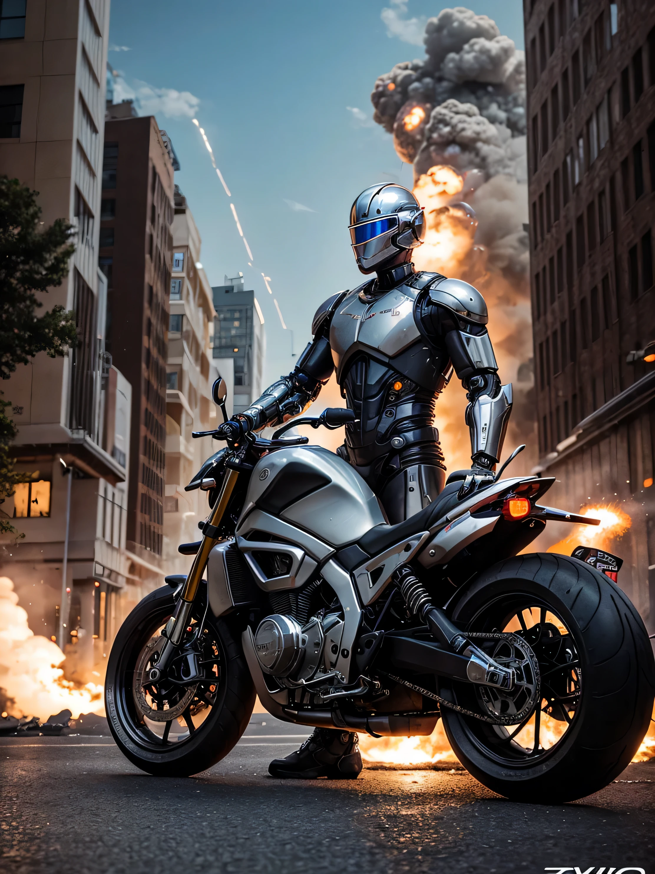 explosions, roupas brancas, capacete completo com viseira , terminador cromado branco como robocop como ciborgue, com arma grande, rebites, an oil painting, rebites, as cores neutras, Paulo Hedley , feliz, action movie poster, belas artes. royo. Vista completa. explosions behind. noite. andando. explosions
