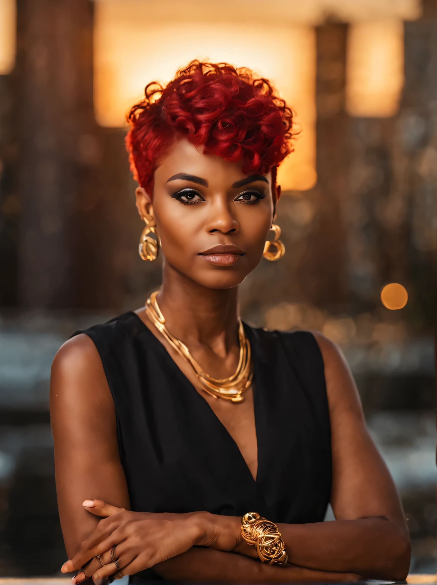 Retrato realista de uma mulher negra fashion com cabelo curto e ruivo, mulher negra usando fantasia, complex and amazing face-facing camera, brincos de argola de ouro, (obra de arte:1.2), tiro centrado, sunset lights, architect office in background