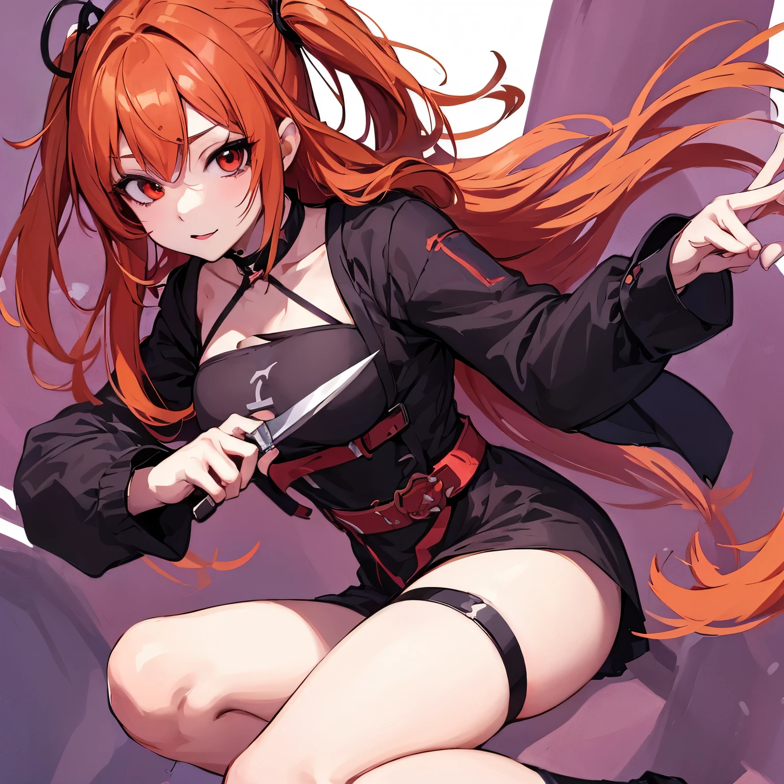 Girl with light copper-amber hair, dark red eyes , sexy dark clothes, sly facial expression, , on the head there are black small demonic horns, average build , belt art , high detail studio light
