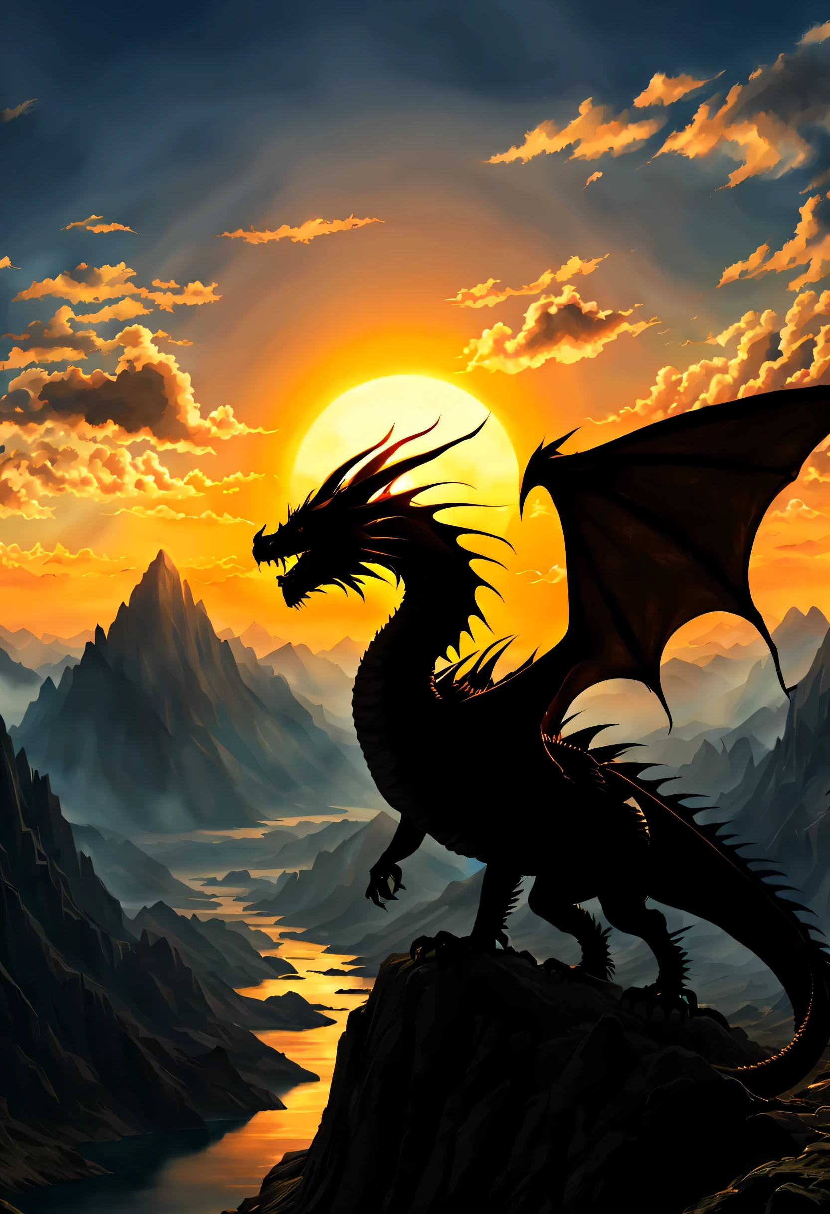 (Silhouette Art:1.3),fantasy art, dnd art, RPG art, wide shot, (masterpiece: 1.4) a (silhouette: 1.5) of a dragon that spread his wings on top of a mountain as the sun rises at dawn behind him. reflection light, high details, best quality, 16k, [ultra detailed], masterpiece, best quality, (extremely detailed), the sun (cast a shadow behind the dragon: 1.5), sun rays, clouds, ultra wide shot, photorealistic, RAW, fantasy art, dnd art, fantasy art, realistic art