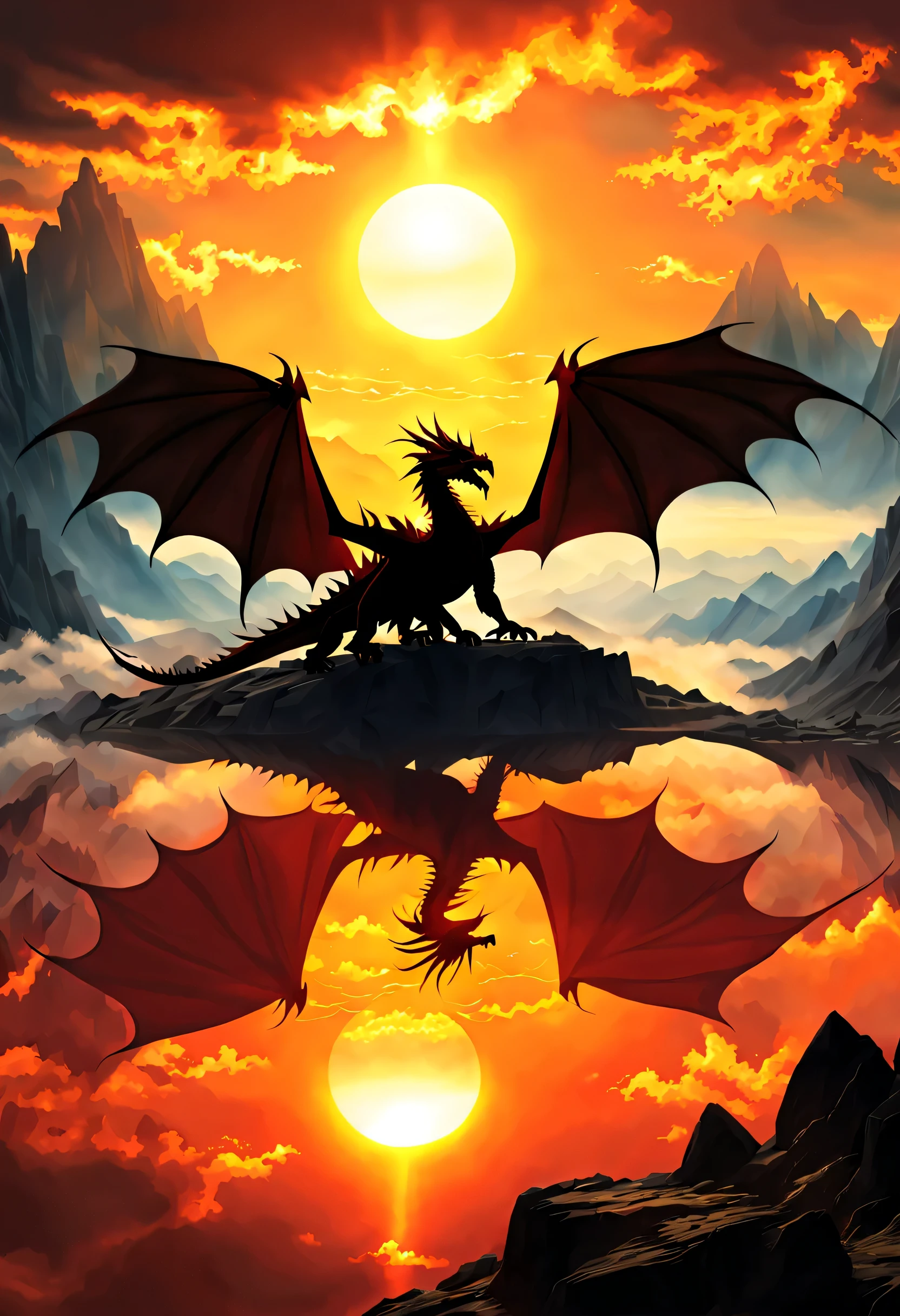 (Silhouette Art:1.3),fantasy art, dnd art, RPG art, wide shot, (masterpiece: 1.4) a (silhouette: 1.5) of a dragon that spread his wings on top of a mountain as the sun rises at dawn behind him. reflection light, high details, best quality, 16k, [ultra detailed], masterpiece, best quality, (extremely detailed), the sun (cast a shadow behind the dragon: 1.5), sun rays, clouds, ultra wide shot, photorealistic, RAW, fantasy art, dnd art, fantasy art, realistic art