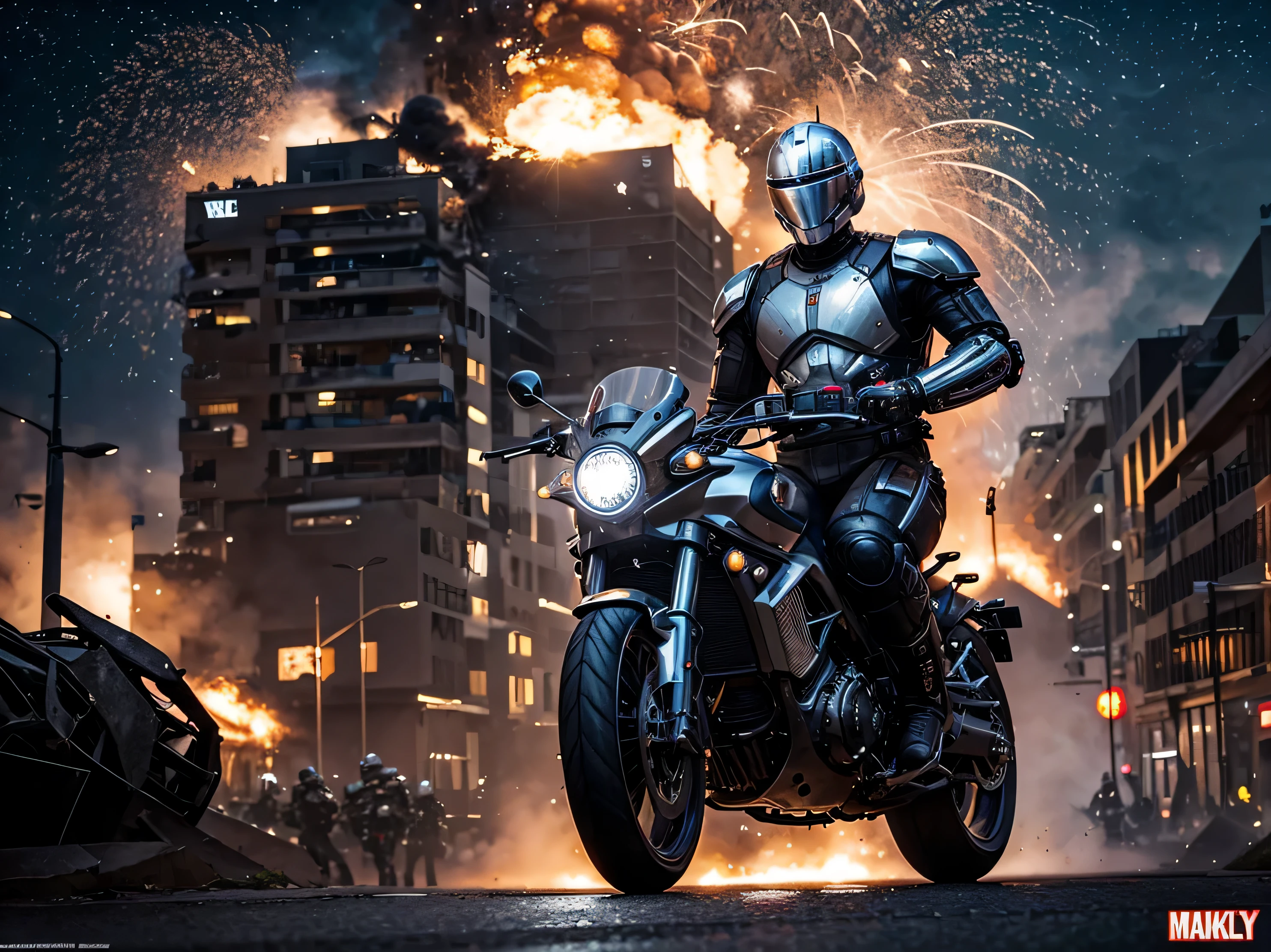 explosions, roupas brancas, capacete completo com viseira , terminador cromado branco como robocop como ciborgue, com arma grande, rebites, an oil painting, rebites, as cores neutras, Paulo Hedley , feliz, action movie poster, belas artes. royo. Vista completa. explosions behind. noite. andando. explosions