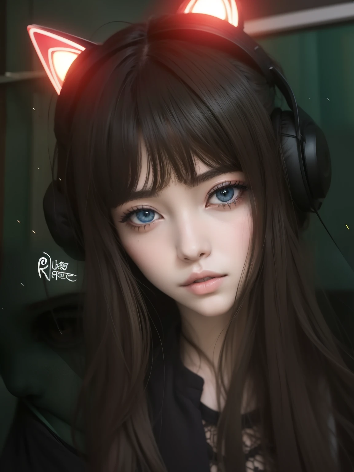 garota anime com fones de ouvido e orelhas de gato com sangue no rosto, [ 4 k arte digital ]!!, obras de arte no estilo de guweiz, estilo de arte de anime realista, com olhos vermelhos brilhantes, estilo de arte realista, estilo anime do ig studios, com olhos vermelhos brilhantes, [ arte digital ]!!, retrato realista kawaii, made with anime painter studio, realism art style