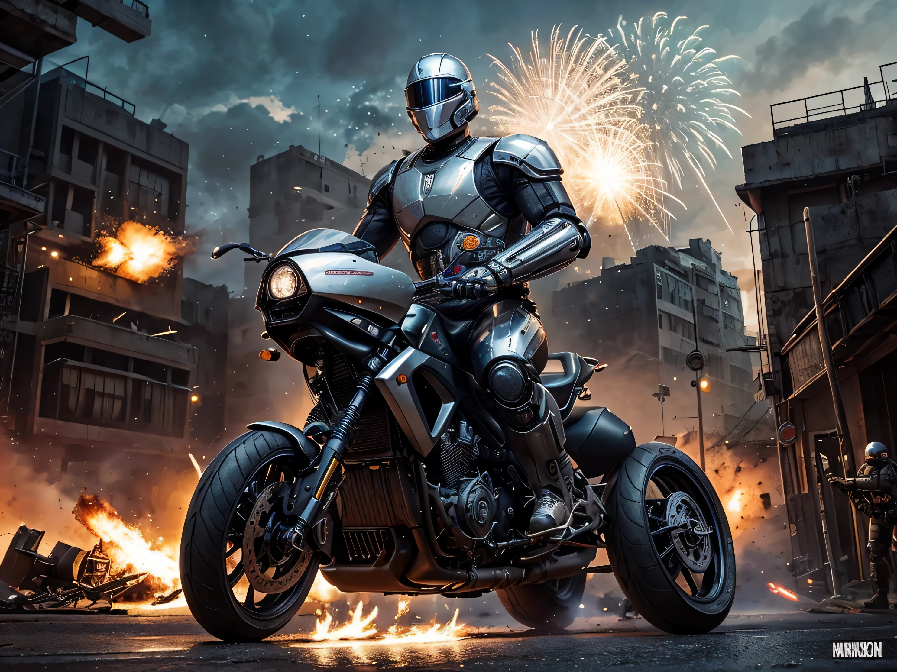 explosions, roupas brancas, capacete completo com viseira , terminador cromado branco como robocop como ciborgue, com arma grande, rebites, an oil painting, rebites, as cores neutras, Paulo Hedley , feliz, action movie poster, belas artes. royo. Vista completa. explosions behind. noite. andando. explosions