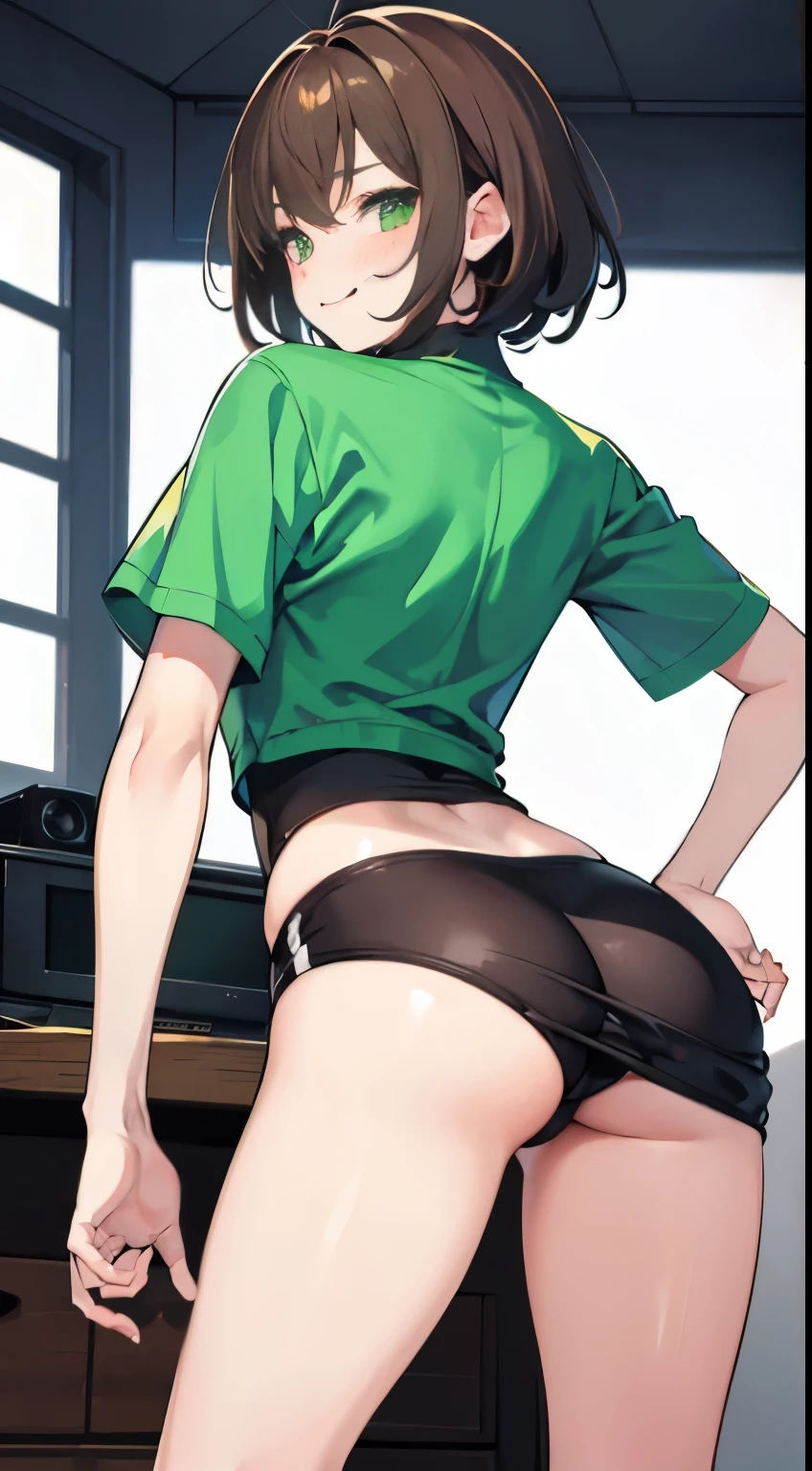 Under the legend,Chara, girl,Sexy,green,short crop top,hot pant,with short brown hair,Blushed,Underwear model,lust,Hand repair,detail,X-rated, Clothes are,HD,no underwares,Smile, TV show,Buttocks raised,stick out your tongue,Playful,back shadow,hips close,cleanness,Sweaty legs