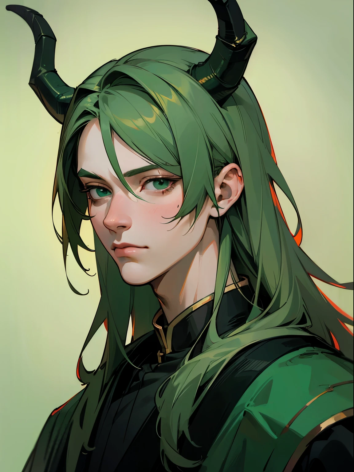 masterpiece, best quality, realistic, ((dragon guy)), adult, 1 guy green dragon, Hair is tousled, ((hair color dark green)), light eyes, Clothing color in dark green tones, portrait, Extremely detailed face, light room background, Looking at the audience, Beautiful, (alpha:1.4), calm look, wise, courageous, (beautiful dragon horns), Sakimical Frénk Francetta, Heise Jinyao