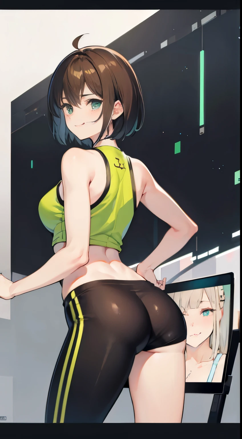 Under the legend,Chara,age girl,Sexy,green,short crop top,hot pant,with short brown hair,Blushed,Underwear model,lust,Hand repair,detail,X-rated, Clothes are,HD,no underwares,Smile, TV show,Buttocks raised,stick out your tongue,Playful,back shadow,hips close,cleanness,Sweaty legs