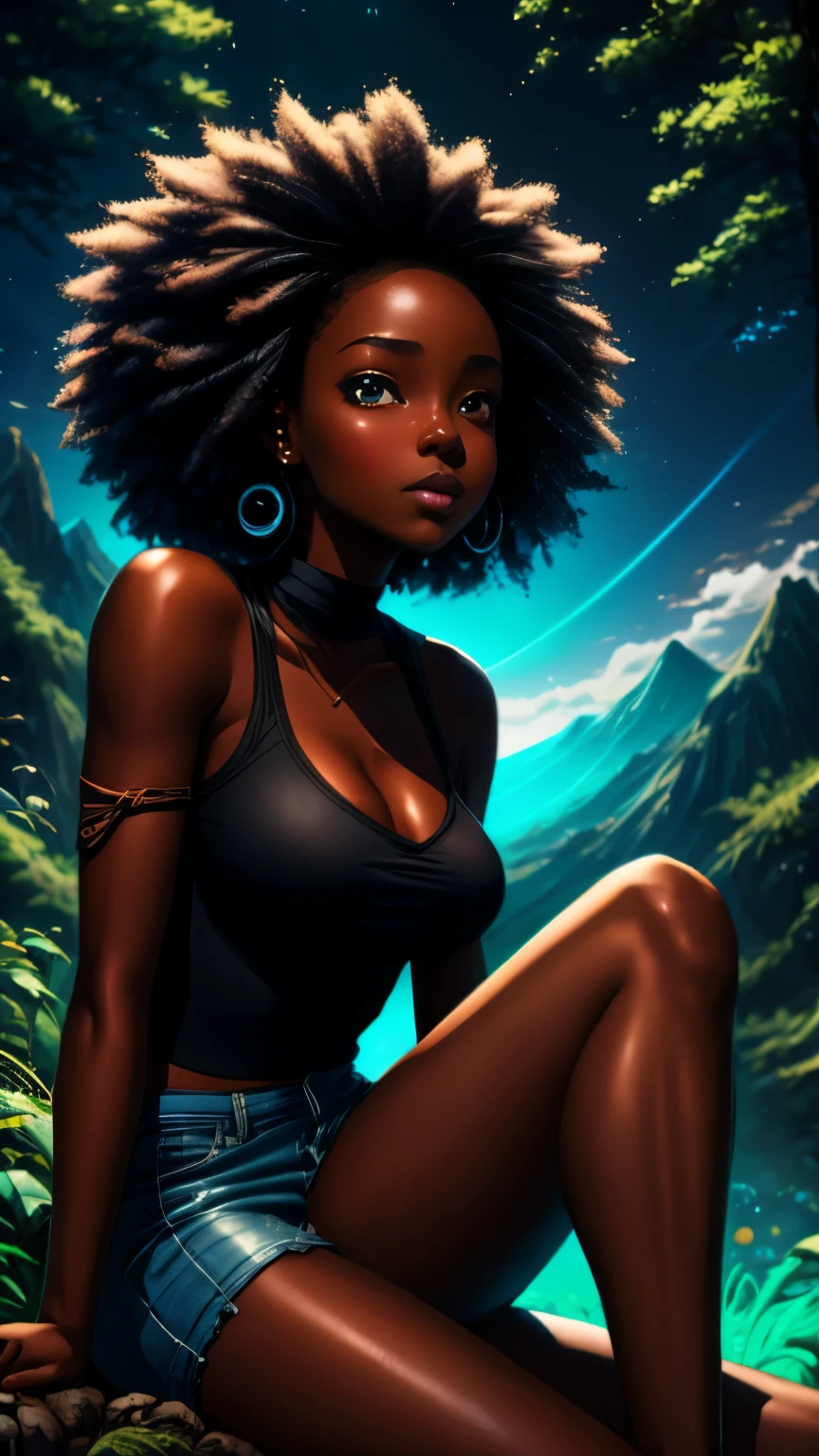 Pretty black woman sitting on a hillside, soft hair, funkypop, cyberdelic, grunge, hyperrealistic anime, lofi art, luminism, manga, medium shot, chemiluminescence, flare, flourescent lightin, character design, atey ghailan, basquiat, colorful_frequencies, electric colors, iridescent, dynamic pose, nouveau realisme, city background, african american