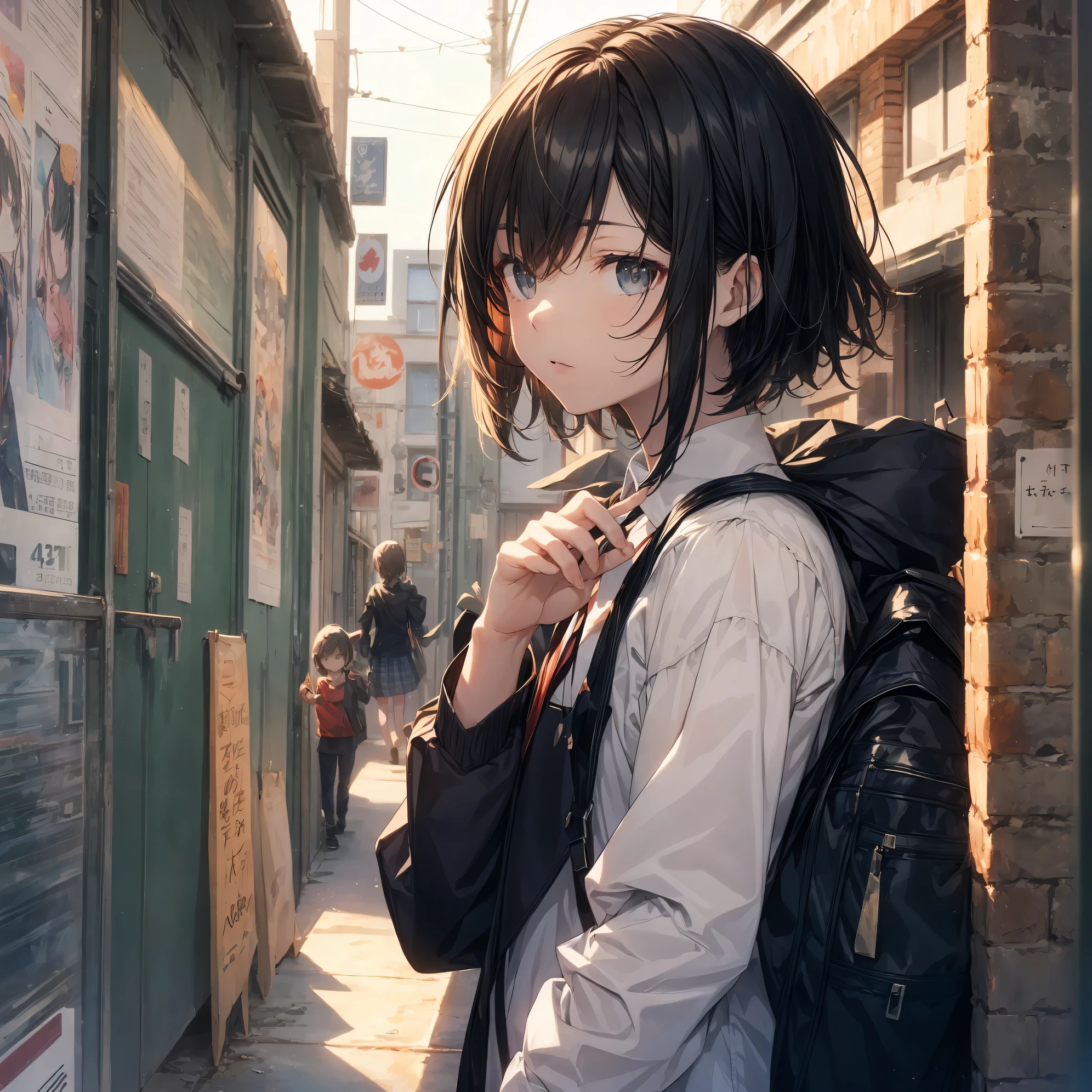 ultra-Top-quality by art God, ultra-detailed, high resolution, shinkai makoto style, anime moe artstyle, best anime 8k konachan wallpaper, pixiv contest winner, perfect anatomy, break,(Please draw a girl walking sleepily to school alone. ),break, a hyperrealistic schoolgirl, (Solo,Loli,child,13-year-old:1.3),Full limbs, complete fingers,a junior high school student, androgynous charm, (Very very Short hair), messy hair, flat soft chest, Small butt, groin, Small eyes,beautiful detailed black eyes, well-proportioned iris and pupils, disgusted eyes, highres detailed hair, school Uniform, skirt,  in the School commute route. break,super detailed skin, Best lighting powered by famous artist, 8k, illustration,