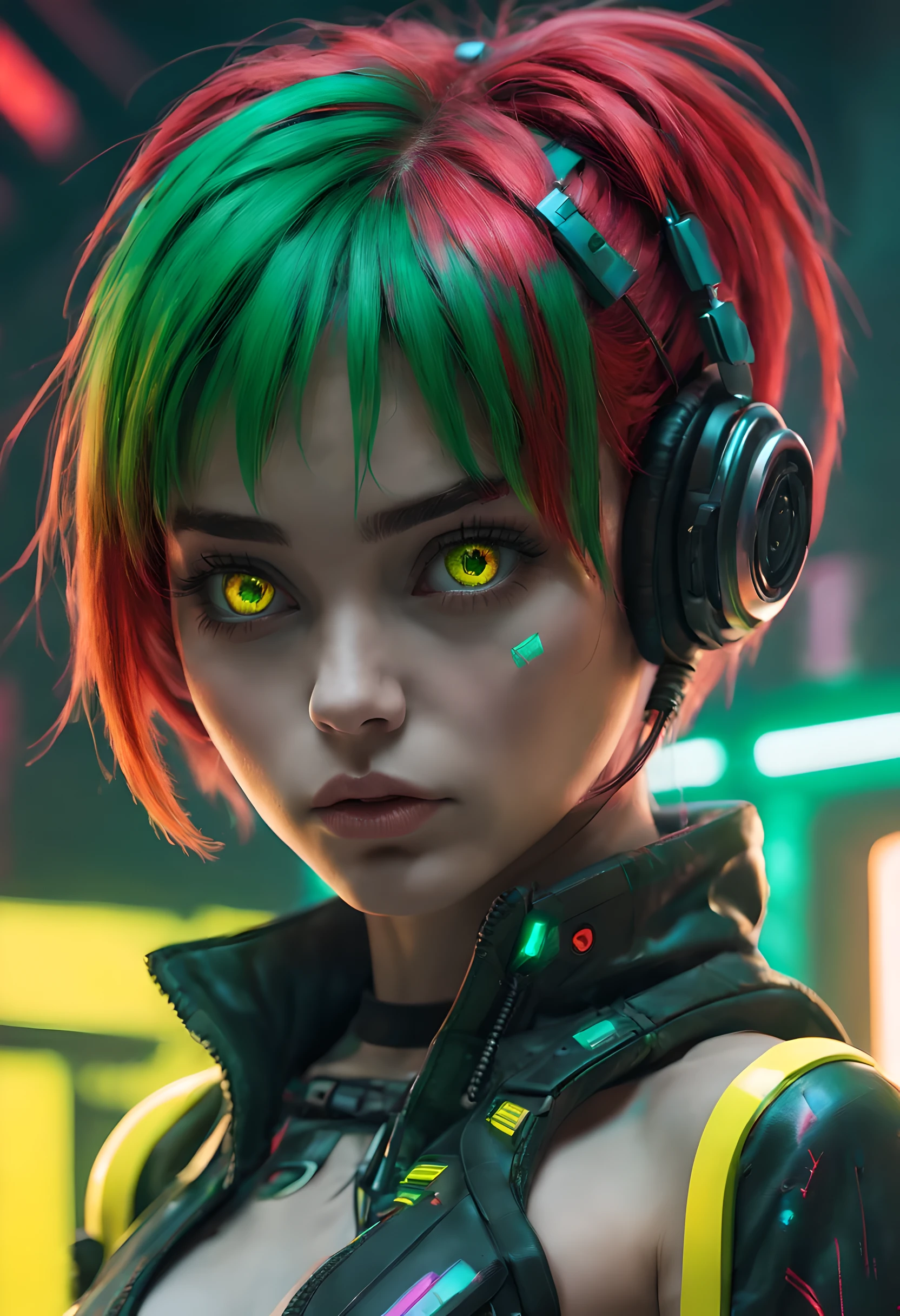solo, 1girl, full body nude, (electric red green hair), (electric yellow eyes), ((Cyber punk outfit)), (symmetrical eyes), (Perfect face), (Perfect Anatomy), (looking at viewer), (cyber shot), ((Glitch Art background)), (glitch art:1.3) ((glitch effect)), (8k), (HD), (Cinematography)