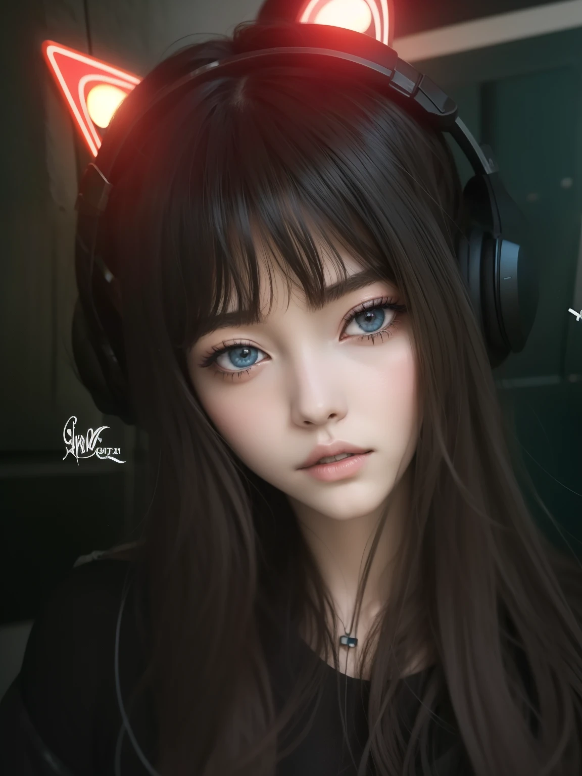 garota anime com fones de ouvido e orelhas de gato com sangue no rosto, [ 4 k arte digital ]!!, obras de arte no estilo de guweiz, estilo de arte de anime realista, com olhos vermelhos brilhantes, estilo de arte realista, estilo anime do ig studios, com olhos vermelhos brilhantes, [ arte digital ]!!, retrato realista kawaii, made with anime painter studio, realism art style