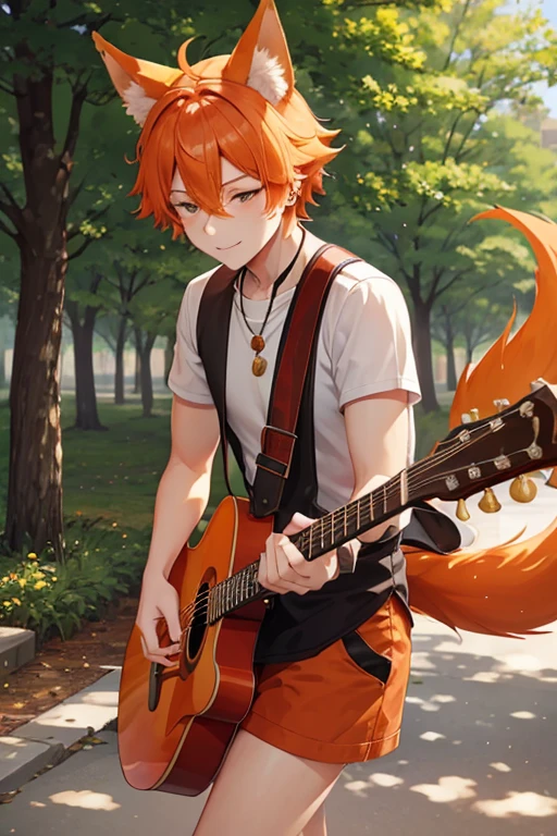 An orange haired man with orange fox ears and a tail is playing guitar in the park
