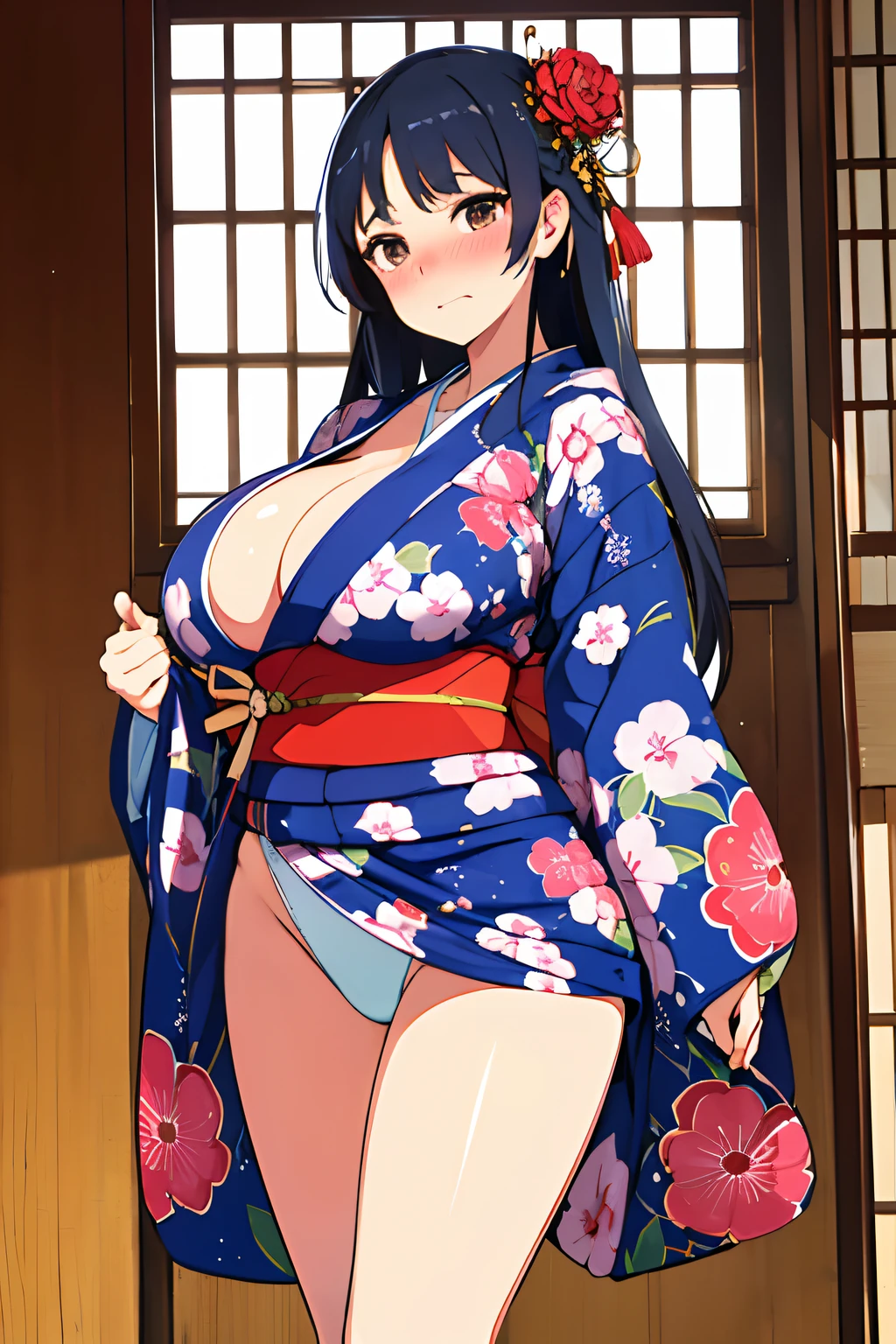 (masutepiece,Best Quality,High quality,ultra-detailliert,Extremely detailed,超A high resolution,Best aesthetic,8K,Cinematic Light),(((beautiful kimonos,Red kimono,Komono,Colossal tits,saggy tits,beautiful boob,Open chest,Legs seen from the hem of a kimono,No Underwear)),nose blush