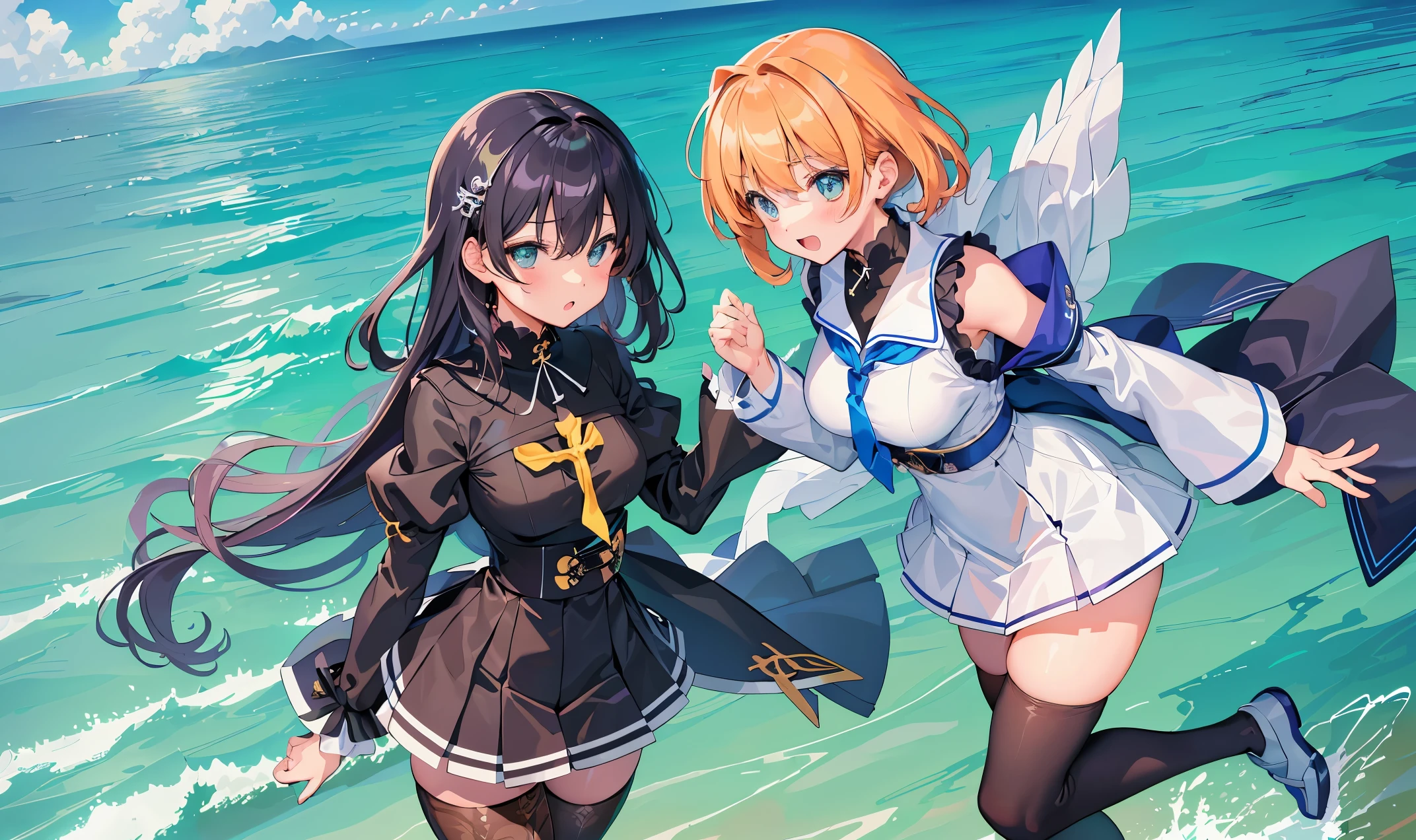 masterpiece of,(perfect anatomy:1.4), best quality, expensive_solve, small details, expensively detailed and beautiful, はWowきりとした_image, (two girls), ,(huge breasts), (ohWowぱい出し),((Black Thigh Socks))、((sacred place))、(standing in centre)、(sister)、(((Ocean)))、(Giant cross)、((oh"Wow?♥️oh"fart?♥️いWowぐ♥️