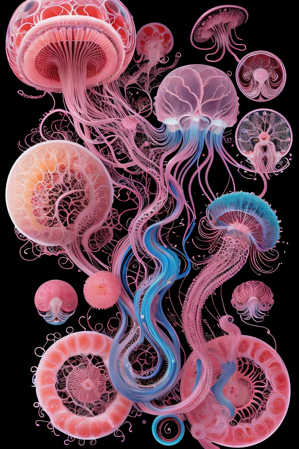 painting of a jellyfish with pink tentacles and flowers floating in the ocean, sea like jelly, jellyfish fractal, cyberpunk jellyfish, beeple and james jean, jellyfish headdress, jellyfish, james jean andrei riabovitchev, victorian era，jellyfish element, jellymeat, jana brike art, james jean and wlop, jellyfish element, phoenix jellyfish, jellyfish pheonix inspired by Alberto Seveso, anatomical fractal, inspired by Hans Bellmer, visible nervous , nerve , nerves, inspired by Ernst Haeckel, fluorescent colors in a dark background