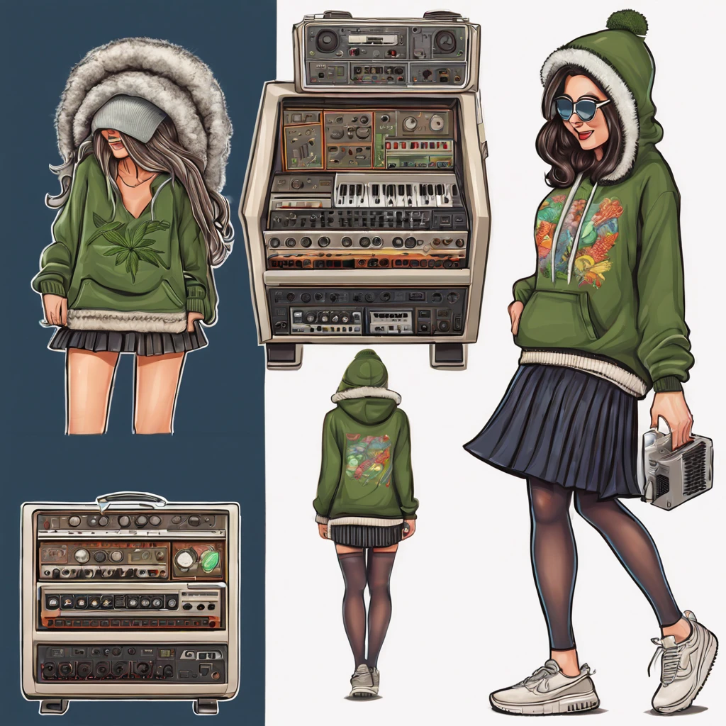 beautiful aroused woman with brunette hair and cannabis beanie and hoodie and pantyhose and skirt and sneakers is fascinated by a modular synthesizer, cartoon-like illustration, highly-detailed, trending on artstation, seductive smile, naughty face, head wreath, fading border, wide shot, from behind, best quality, anatomically correct, masterpiece, super detail, best quality, highres