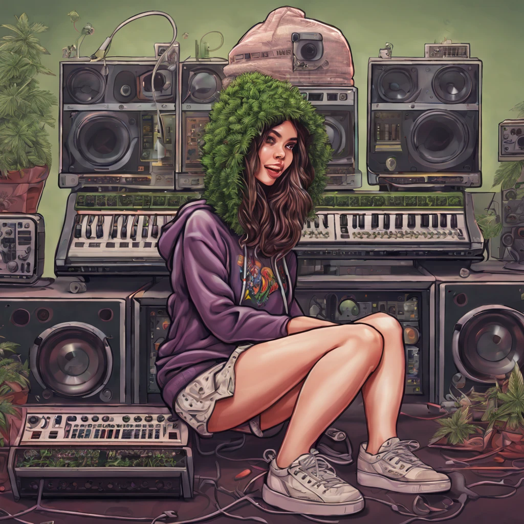 beautiful aroused woman with brunette hair and cannabis beanie and hoodie and pantyhose and skirt and sneakers is fascinated by a modular synthesizer, cartoon-like illustration, highly-detailed, trending on artstation, seductive smile, naughty face, head wreath, fading border, wide shot, from behind, best quality, anatomically correct, masterpiece, super detail, best quality, highres