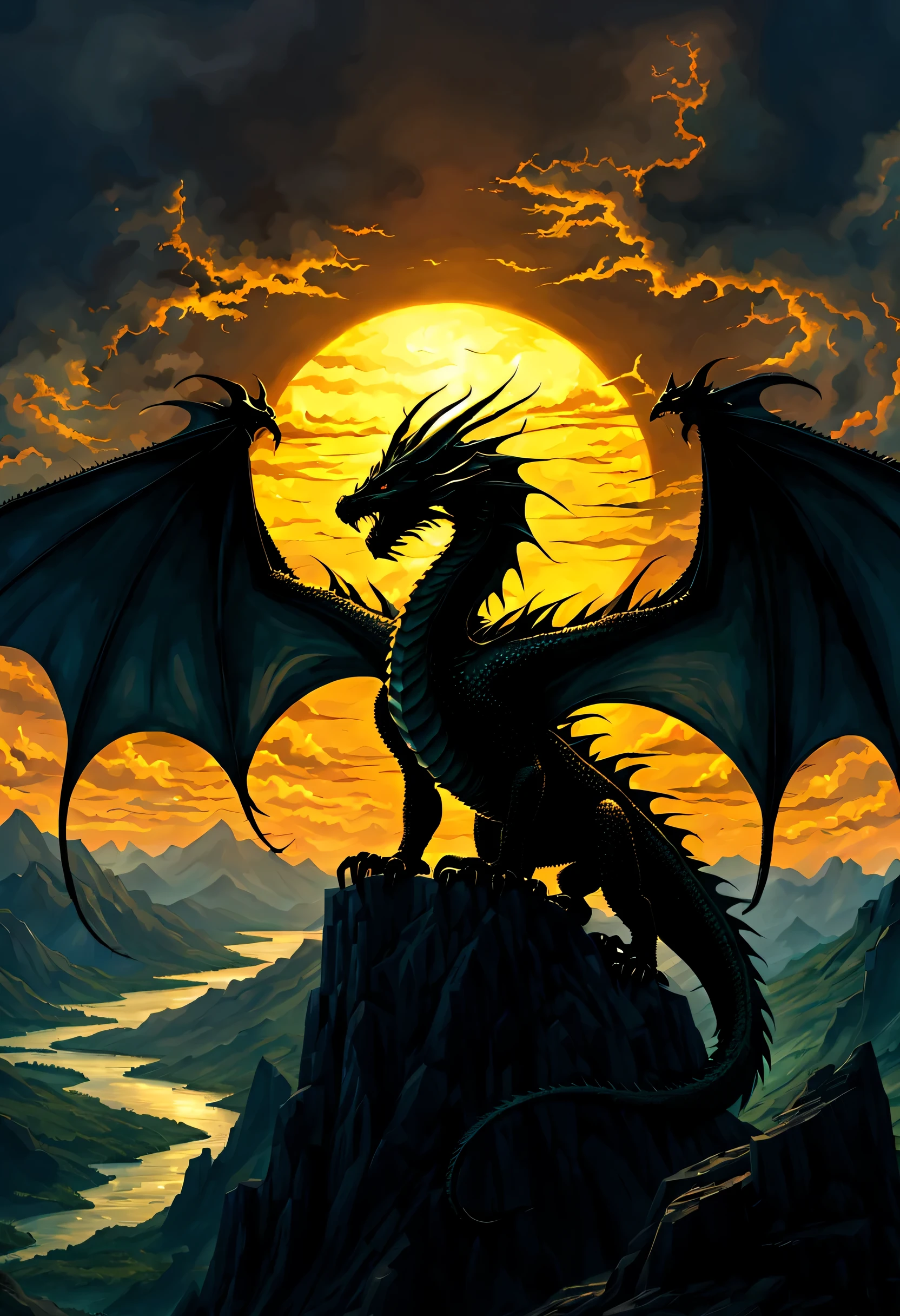 (Silhouette Art:1.3),fantasy art, dnd art, RPG art, wide shot, (masterpiece: 1.4) a (silhouette: 1.5) of a dragon that spread his wings on top of a mountain as the sun rises at dawn behind him. reflection light, high details, best quality, 16k, [ultra detailed], masterpiece, best quality, (extremely detailed), the sun (cast a shadow behind the dragon: 1.5), sun rays, clouds, ultra wide shot, photorealistic, RAW, fantasy art, dnd art, fantasy art, realistic art