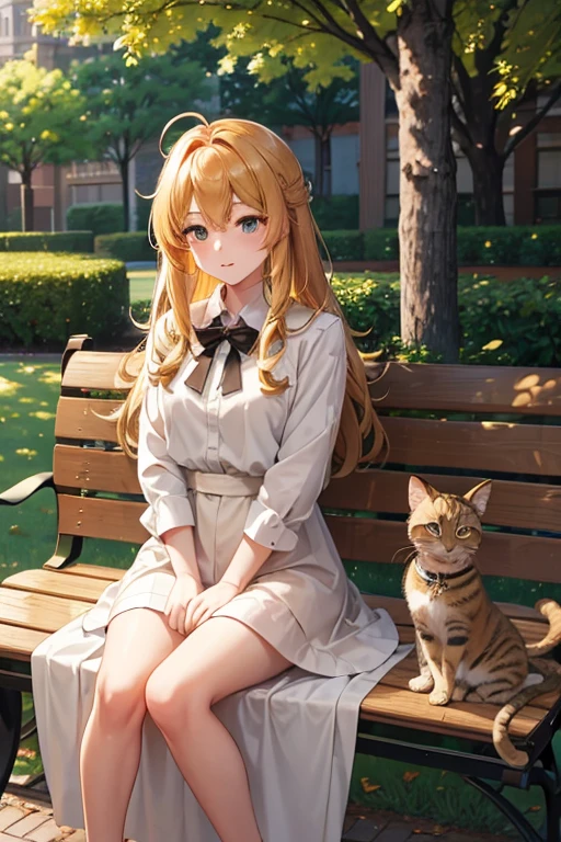 A golden haired female angel with hazel eyes and golden feathers is sitting on a park bench with a kitten
