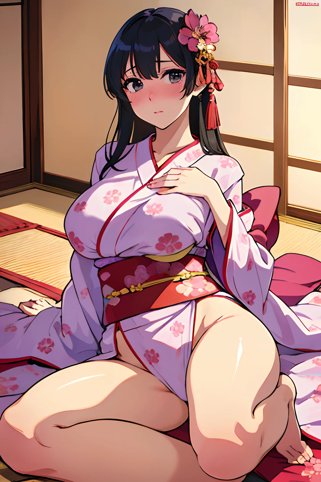 (masutepiece,Best Quality,High quality,ultra-detailliert,Extremely detailed,超A high resolution,Best aesthetic,8K,Cinematic Light),(((beautiful kimonos,Pink kimono,Komono,beautiful boob,Colossal tits,saggy tits,Open chest,Legs seen from the hem of a kimono,No Underwear)),nose blush