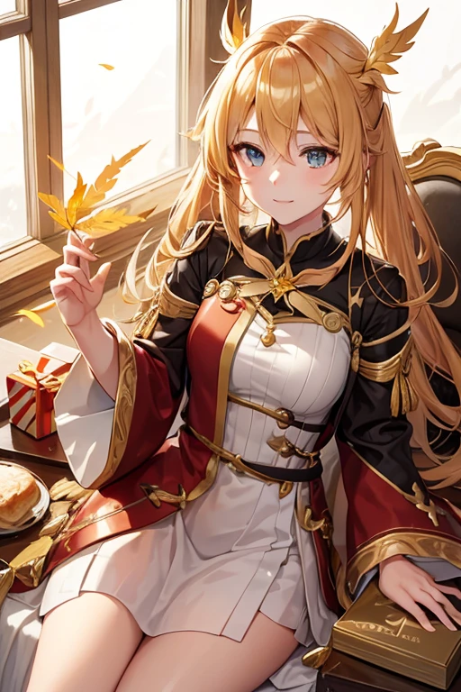A golden haired female angel with hazel eyes and golden feathers is presenting a present