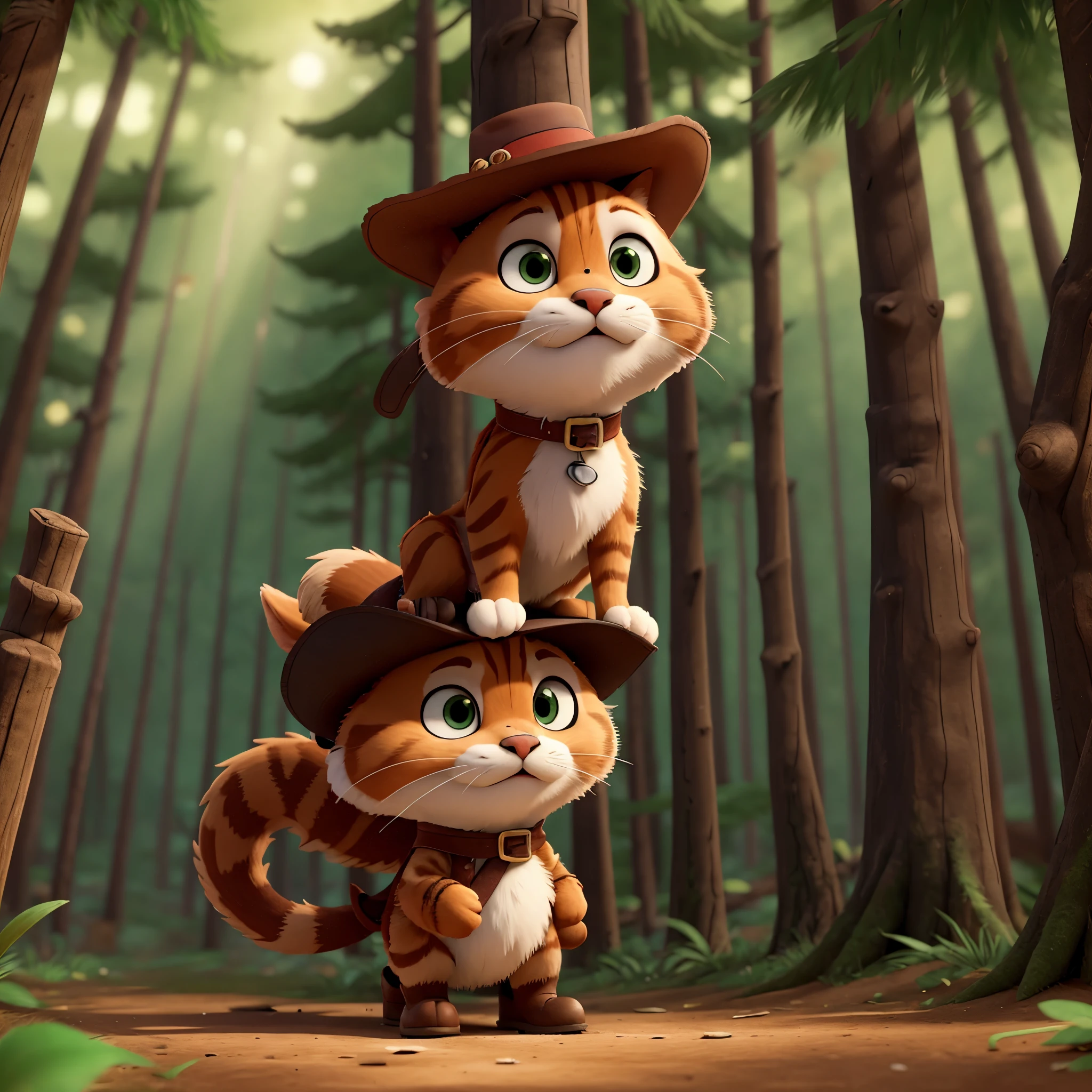 Create a cartoon style illustration of Puss in Boots alone in a forest environment. detailed 8k. with sword and hat in fighting pose.