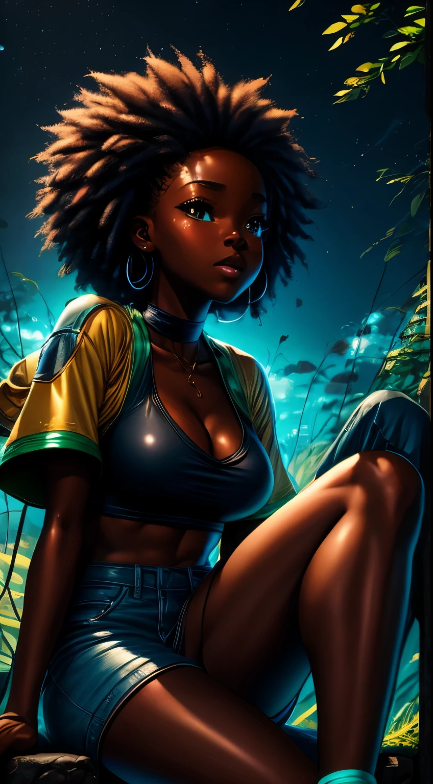 Pretty black woman sitting on a hillside, soft hair, funkypop, cyberdelic, grunge, hyperrealistic anime, lofi art, luminism, manga, medium shot, chemiluminescence, flare, flourescent lightin, character design, atey ghailan, basquiat, colorful_frequencies, electric colors, iridescent, dynamic pose, nouveau realisme, city background, african american