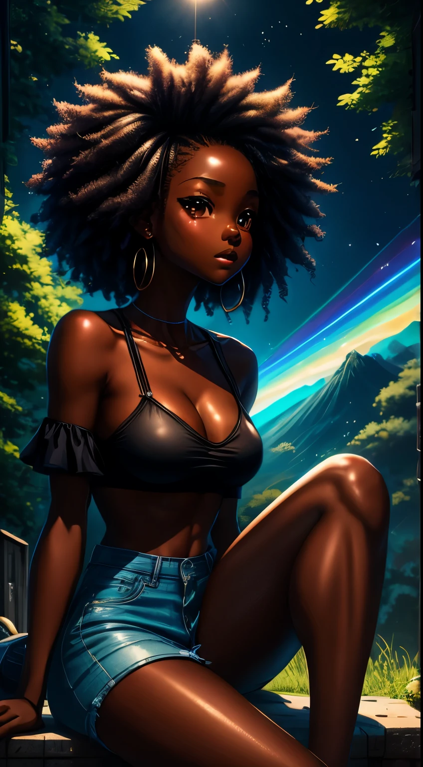 Pretty black woman sitting on a hillside, soft hair, funkypop, cyberdelic, grunge, hyperrealistic anime, lofi art, luminism, manga, medium shot, chemiluminescence, flare, flourescent lightin, character design, atey ghailan, basquiat, colorful_frequencies, electric colors, iridescent, dynamic pose, nouveau realisme, city background, african american