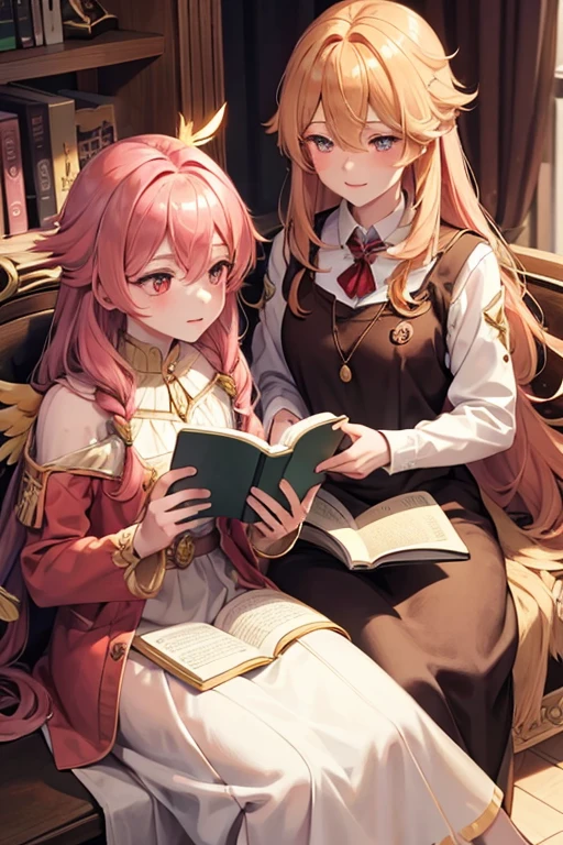 A golden haired female angel with hazel eyes and golden feathers is reading a book to a pink haired girl with red eyes