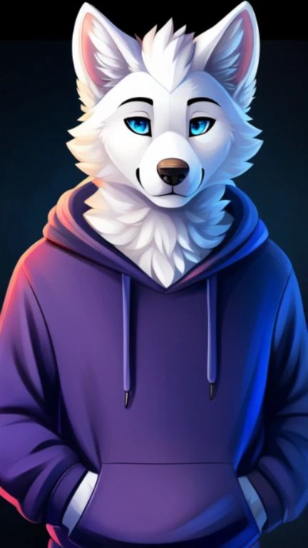 arafed image of a white samoyed dog with blue eyes and a hoodie, anthro art, an anthro wolf, fursona art, commission for high res, furry art!!!, fursona furry art commission, furry fursona, very very beautiful furry art, furry wolf, anthro portrait, fursona commission, furry art, in a hoodie, full body view!!!!, cute, male!, fluffy!