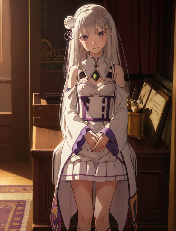 Femilia, 1 girl, alone, chest, smile, looking at the viewer, chestに谷間がある,  DetacheD sleeves, Dress, frills, gray hair, frilleD sleeves, gray hair, long sleeves, white Rose, blush, white Dress, white stockings, gem, :D, open your mouth, goblin, Rose, low-tieD long hair, very long hair,  heaD tilt, thigh boots, (masterpiece:1.2, highest quality), (finely DetaileD beautiful eyes: 1.2), (DetaileD backgrounD,Dark fantasy), (beautiful DetaileD face), high contrast, (best illumination, an extremely Delicate anD beautiful), ((cinematic light)), colorful, hyper Detail, Dramatic light, intricate Details, light particles, light, wallpaper, high contrast, colorful,