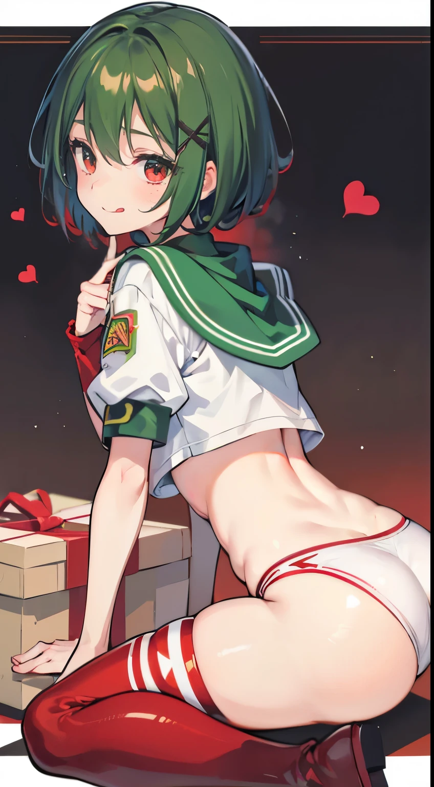 X-rated,Under the legend,Chara,age girl,red eye,Smile,sexy,green,Chest leak,short crop top,hot pant,with short brown haice turned red,Underwear model,lust,Hand repair,detail, clothing,HD,no underwareuttocks raised,stick out your tongue,Playful,love heart,Buttocks close up,Sweat,sitting,big asack view,Rear view,christmas,gifts,camel-toe,secretion,liquid