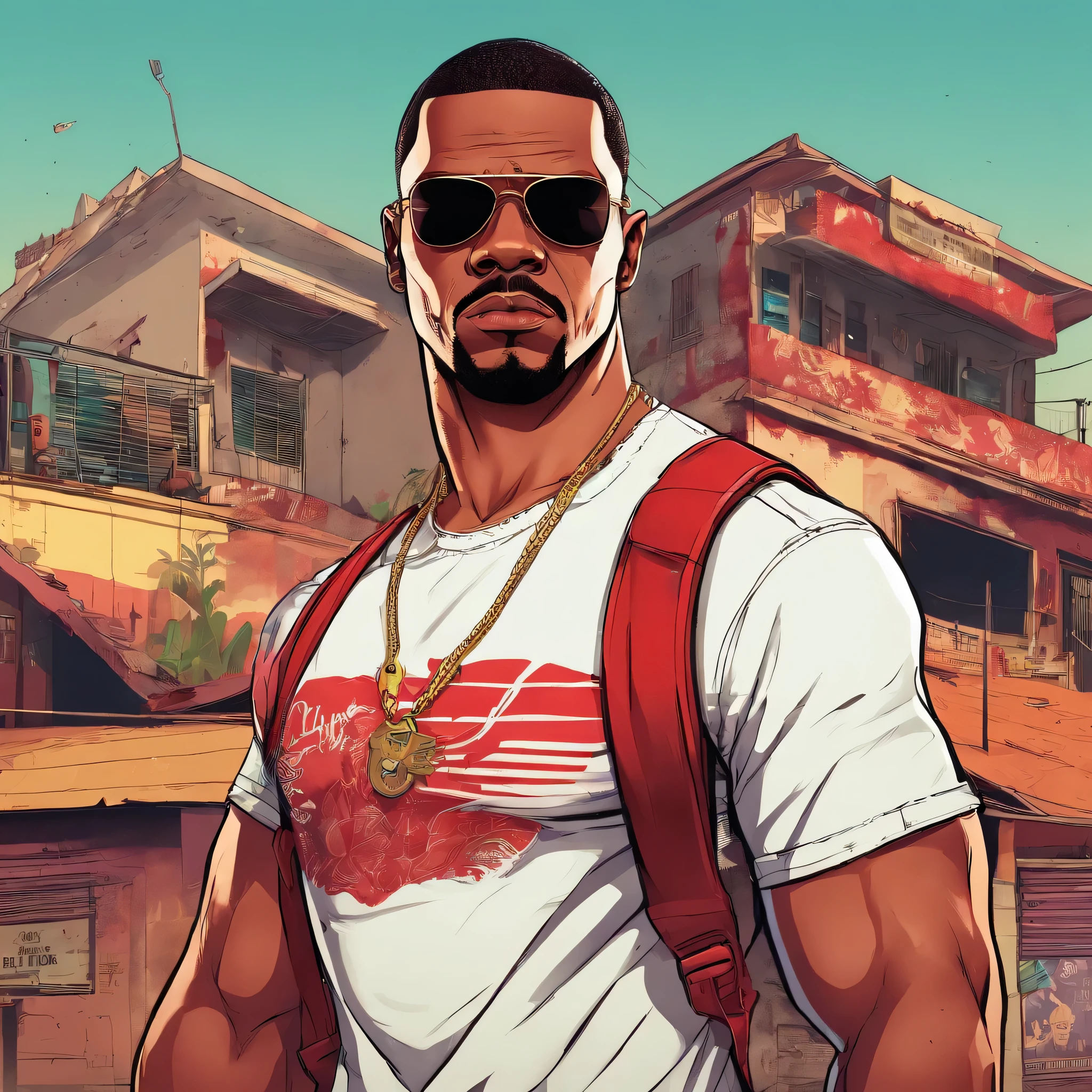 um homem com uma roupa vermelha em uma favela, segurando um rifle, (rosto e corpo extremamente detalhados), cores vibrantes, (retrato), tom de cor vermelha, dramatic lightinelhor qualidade, ultra-detalhado, Altas), Realistic