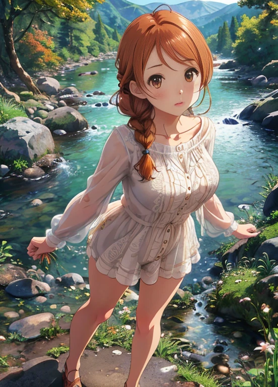 female only, large breasts, Fishtail braid, stubborn expressions, orange hair, brown eyes, Standing with arms hanging loosely, full body, hojo karen, naked boy,
masterpiece, best quality, illustration, beautiful face and eyes details, detailed skin, highly detailed clothes, 
clear sharp focus, wallpaper, Megapixel, highres, Intricate details, ultra-detailed nude body, 8k, silhouette, Dolly zoom, professional lighting, hdr, ray tracing, light particles, 
A secluded mountain valley with a meandering river and wildflowers in bloom, Graffiti, Magnolia, mysterious, Warhol, 