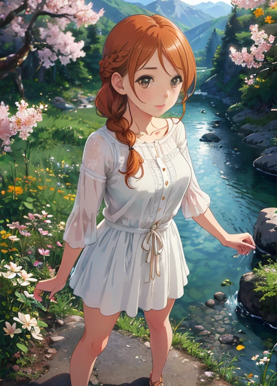 female only, large breasts, Fishtail braid, stubborn expressions, orange hair, brown eyes, Standing with arms hanging loosely, full body, hojo karen, naked boy,
masterpiece, best quality, illustration, beautiful face and eyes details, detailed skin, highly detailed clothes, 
clear sharp focus, wallpaper, Megapixel, highres, Intricate details, ultra-detailed nude body, 8k, silhouette, Dolly zoom, professional lighting, hdr, ray tracing, light particles, 
A secluded mountain valley with a meandering river and wildflowers in bloom, Graffiti, Magnolia, mysterious, Warhol, 