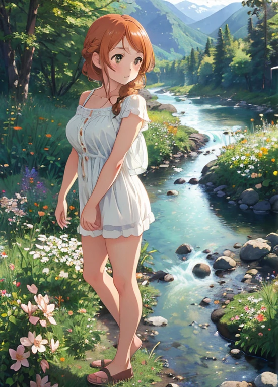 female only, large breasts, Fishtail braid, stubborn expressions, orange hair, brown eyes, Standing with arms hanging loosely, full body, hojo karen, naked boy,
masterpiece, best quality, illustration, beautiful face and eyes details, detailed skin, highly detailed clothes, 
clear sharp focus, wallpaper, Megapixel, highres, Intricate details, ultra-detailed nude body, 8k, silhouette, Dolly zoom, professional lighting, hdr, ray tracing, light particles, 
A secluded mountain valley with a meandering river and wildflowers in bloom, Graffiti, Magnolia, mysterious, Warhol, 